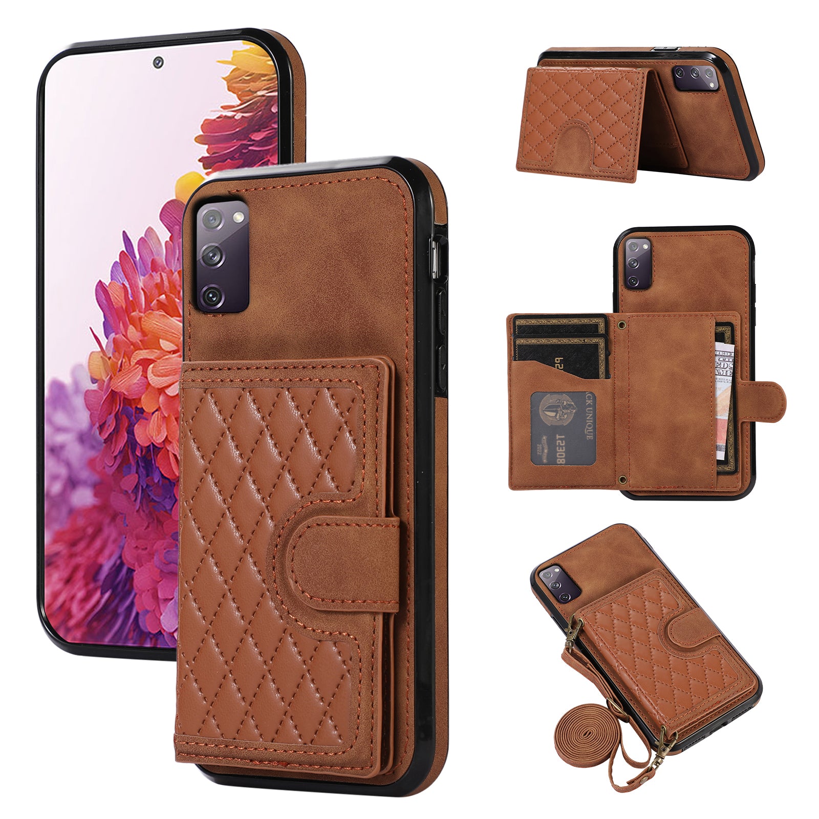 For Samsung Galaxy S20 4G / 5G Card Holder Phone Case TPU+PU Leather Kickstand Phone Cover - Brown