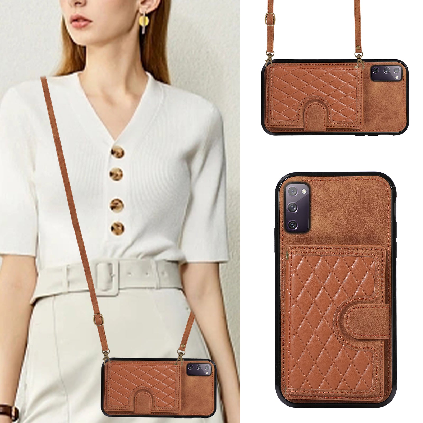 For Samsung Galaxy S20 4G / 5G Card Holder Phone Case TPU+PU Leather Kickstand Phone Cover - Brown