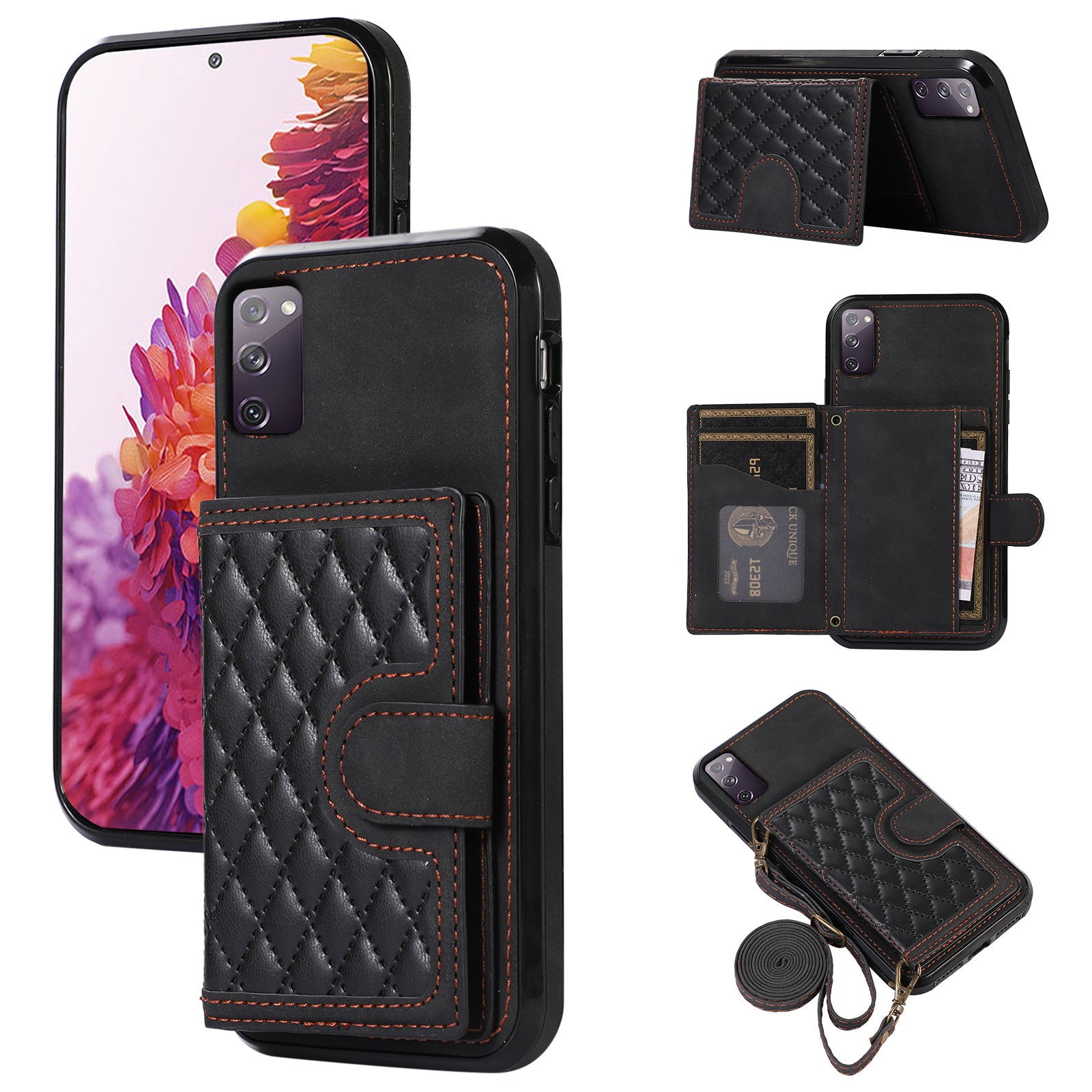 For Samsung Galaxy S20 FE 2022 / S20 FE / S20 FE 5G / S20 Lite Case Card Holder TPU+PU Leather Phone Shell - Black