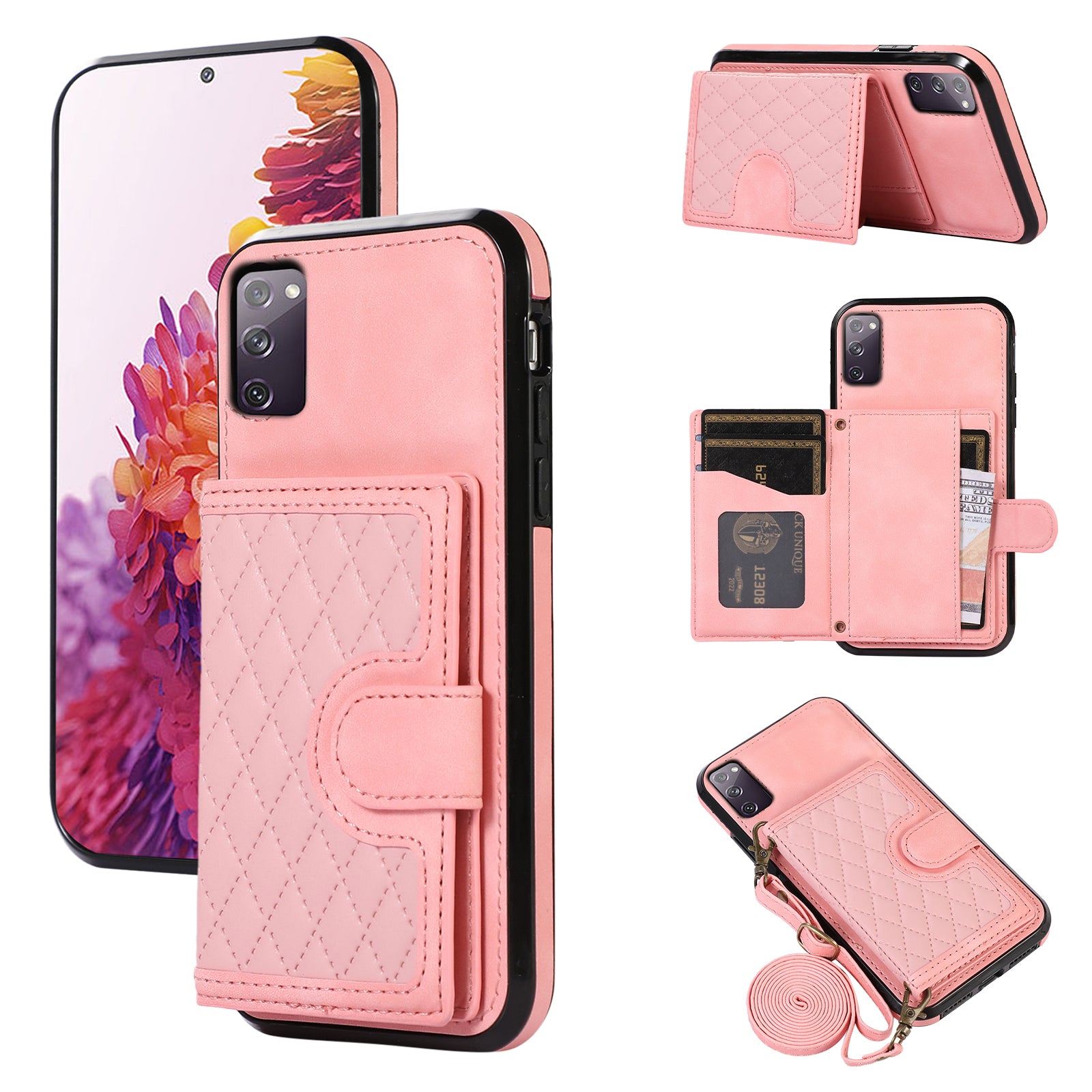 For Samsung Galaxy S20 FE 2022 / S20 FE / S20 FE 5G / S20 Lite Case Card Holder TPU+PU Leather Phone Shell - Rose Gold