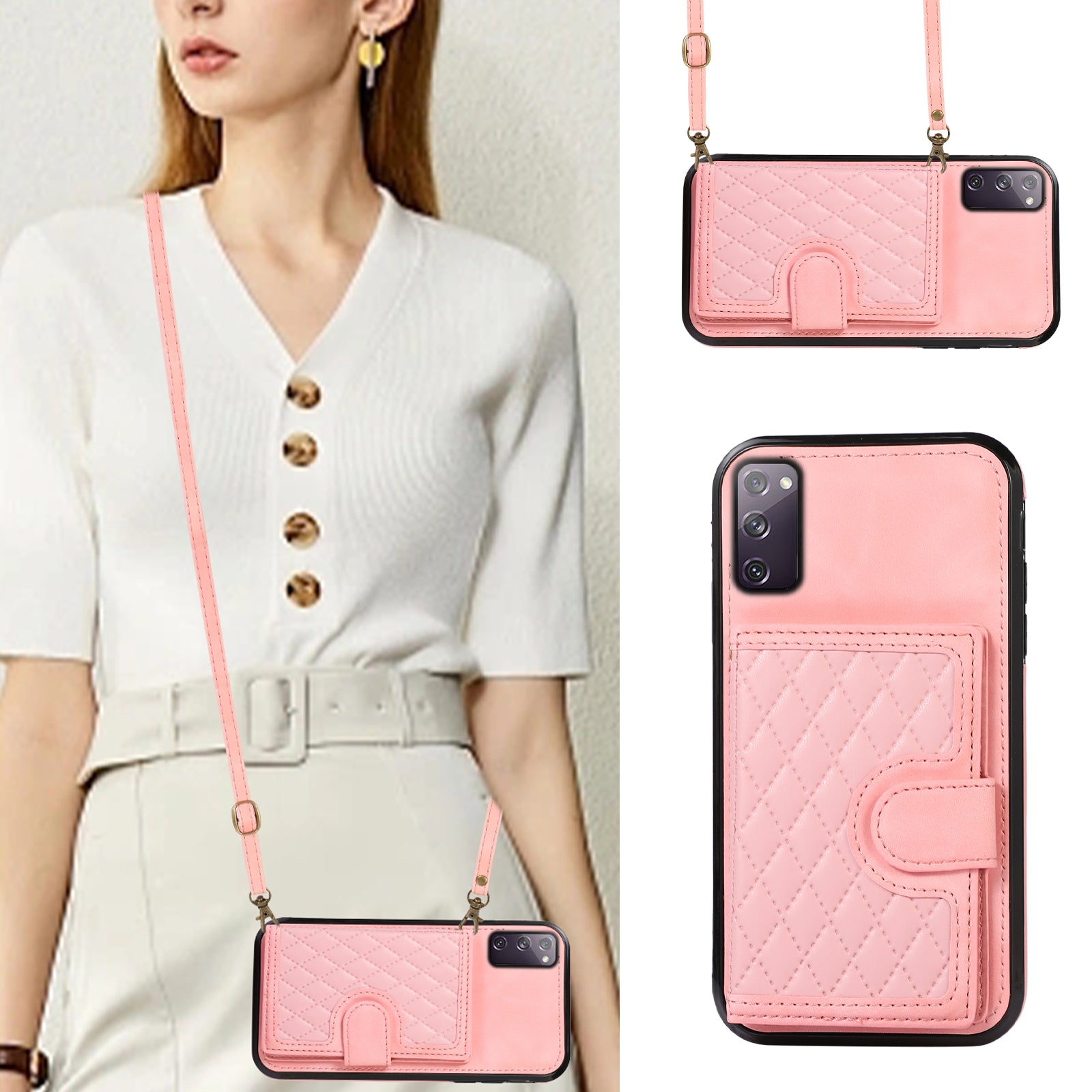 For Samsung Galaxy S20 FE 2022 / S20 FE / S20 FE 5G / S20 Lite Case Card Holder TPU+PU Leather Phone Shell - Rose Gold