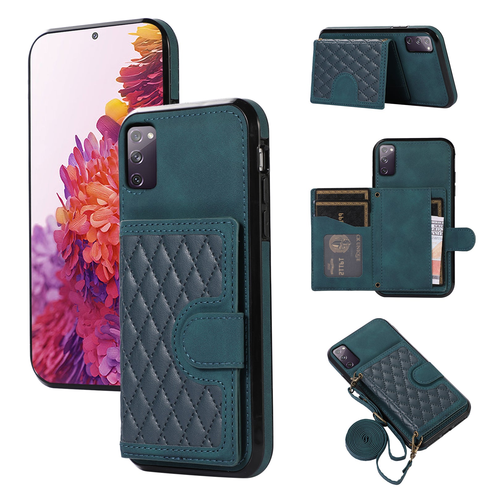 For Samsung Galaxy S20 FE 2022 / S20 FE / S20 FE 5G / S20 Lite Case Card Holder TPU+PU Leather Phone Shell - Green