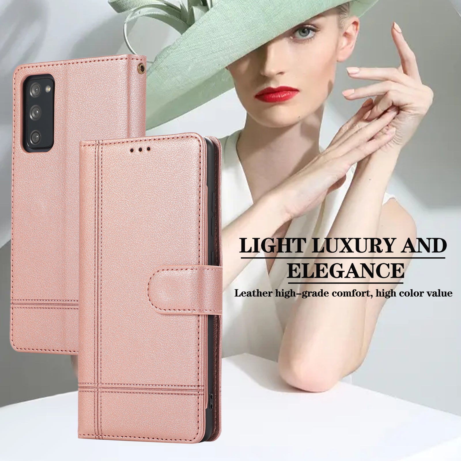 For Samsung Galaxy S20 FE 4G / S20 FE 5G / S20 Lite / S20 FE 2022 Case Leather Wallet Phone Cover with Mirror - Rose Gold