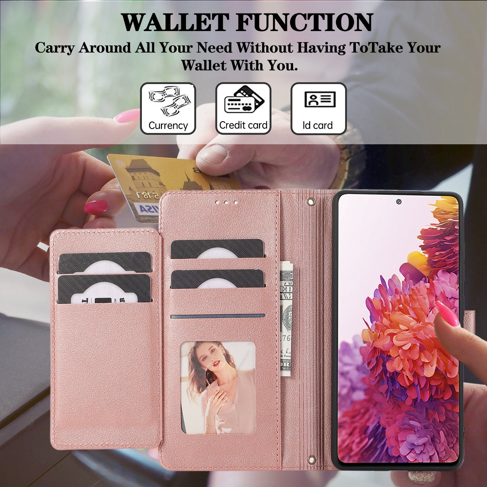 For Samsung Galaxy S20 FE 4G / S20 FE 5G / S20 Lite / S20 FE 2022 Case Leather Wallet Phone Cover with Mirror - Rose Gold