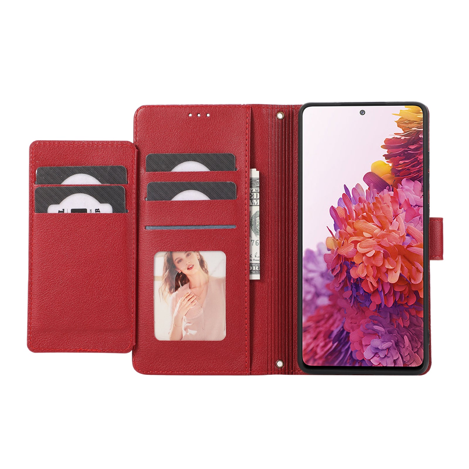 For Samsung Galaxy S20 FE 4G / S20 FE 5G / S20 Lite / S20 FE 2022 Case Leather Wallet Phone Cover with Mirror - Red