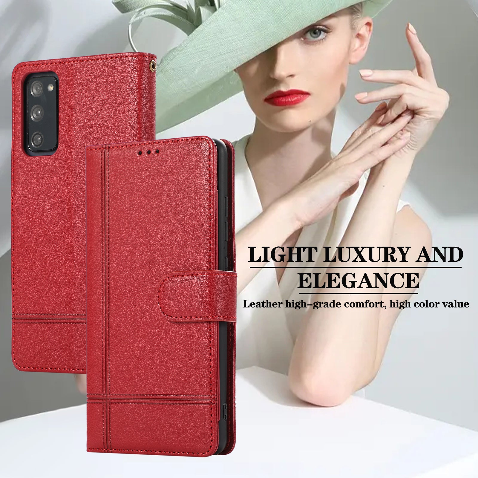 For Samsung Galaxy S20 FE 4G / S20 FE 5G / S20 Lite / S20 FE 2022 Case Leather Wallet Phone Cover with Mirror - Red