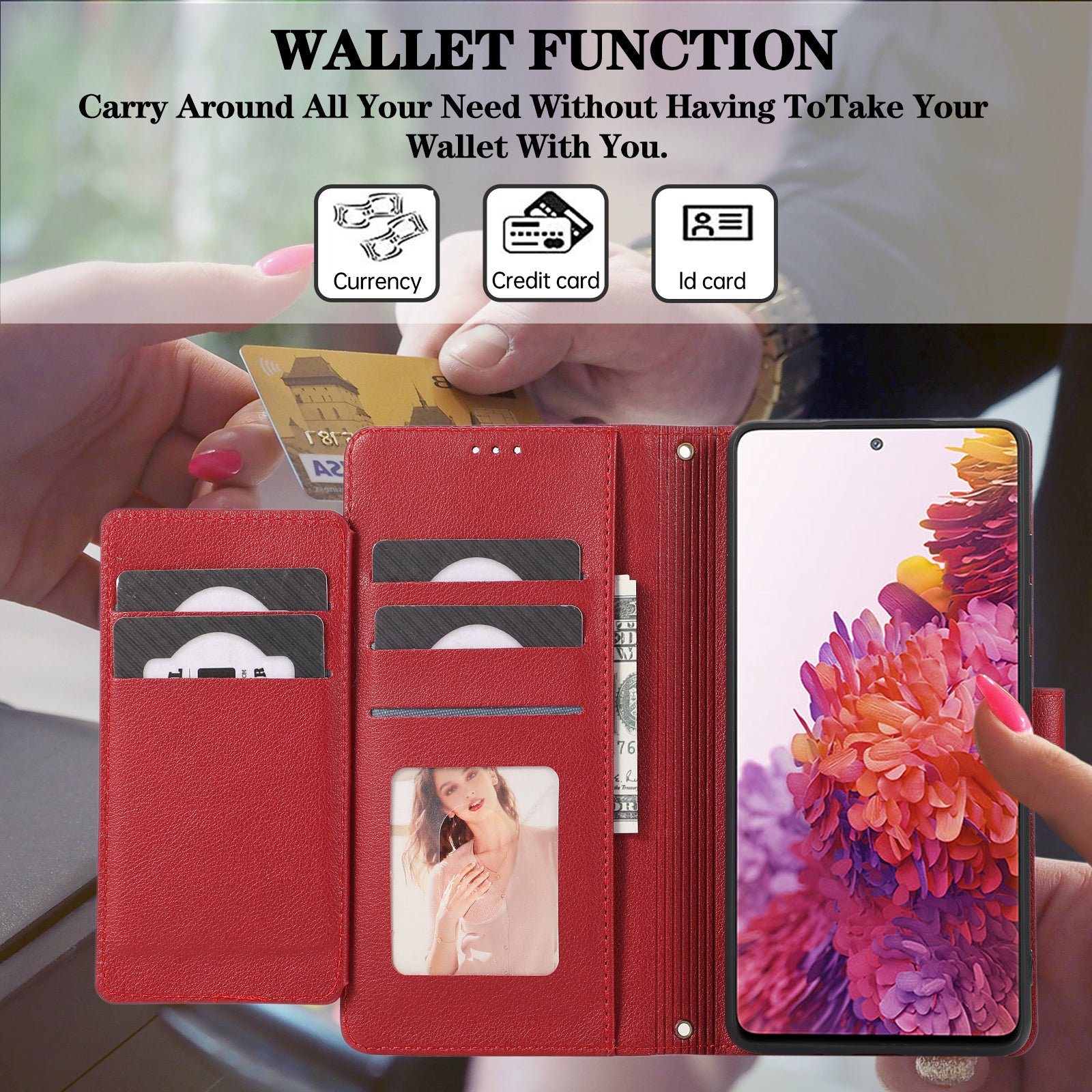 For Samsung Galaxy S20 FE 4G / S20 FE 5G / S20 Lite / S20 FE 2022 Case Leather Wallet Phone Cover with Mirror - Red