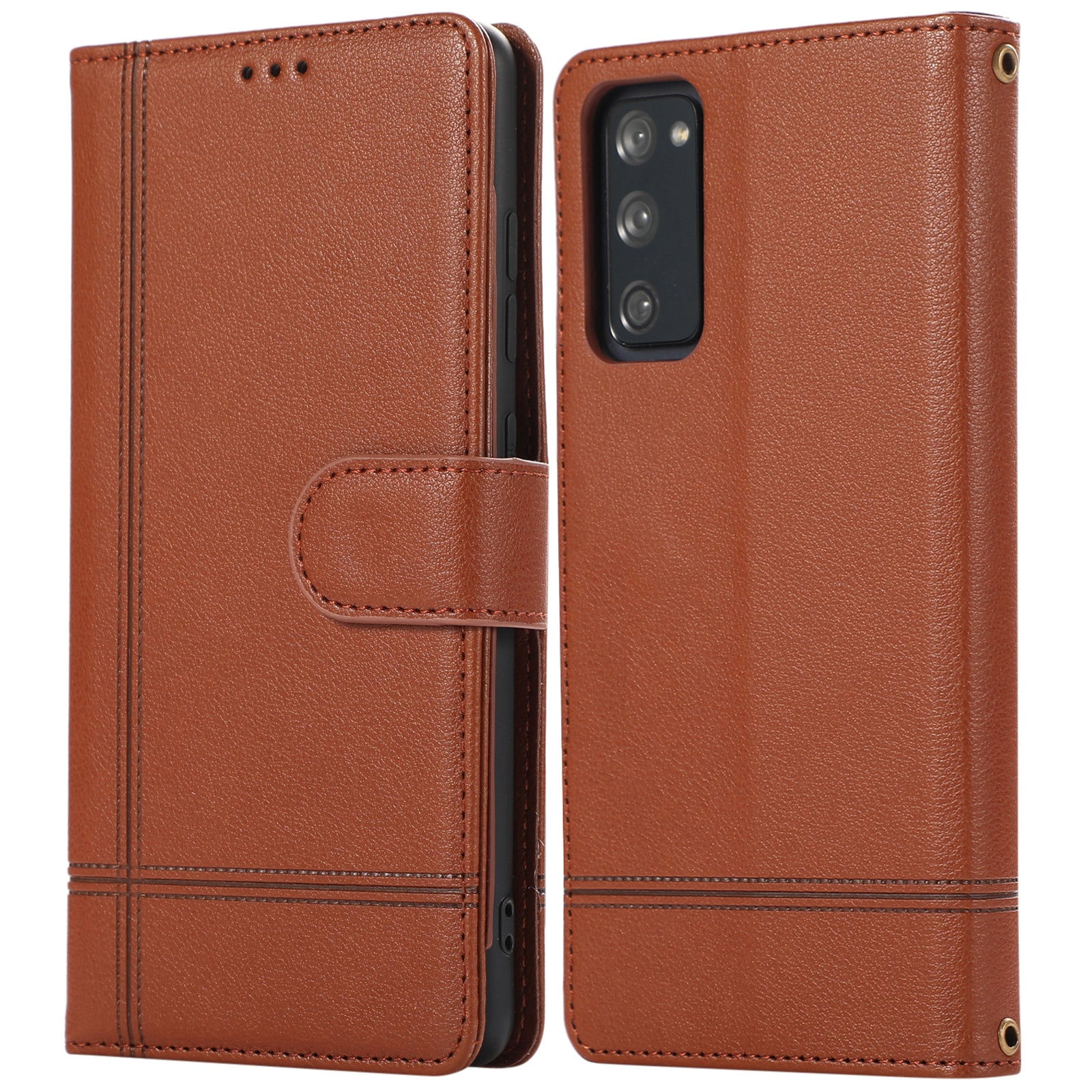 For Samsung Galaxy S20 FE 4G / S20 FE 5G / S20 Lite / S20 FE 2022 Case Leather Wallet Phone Cover with Mirror - Brown