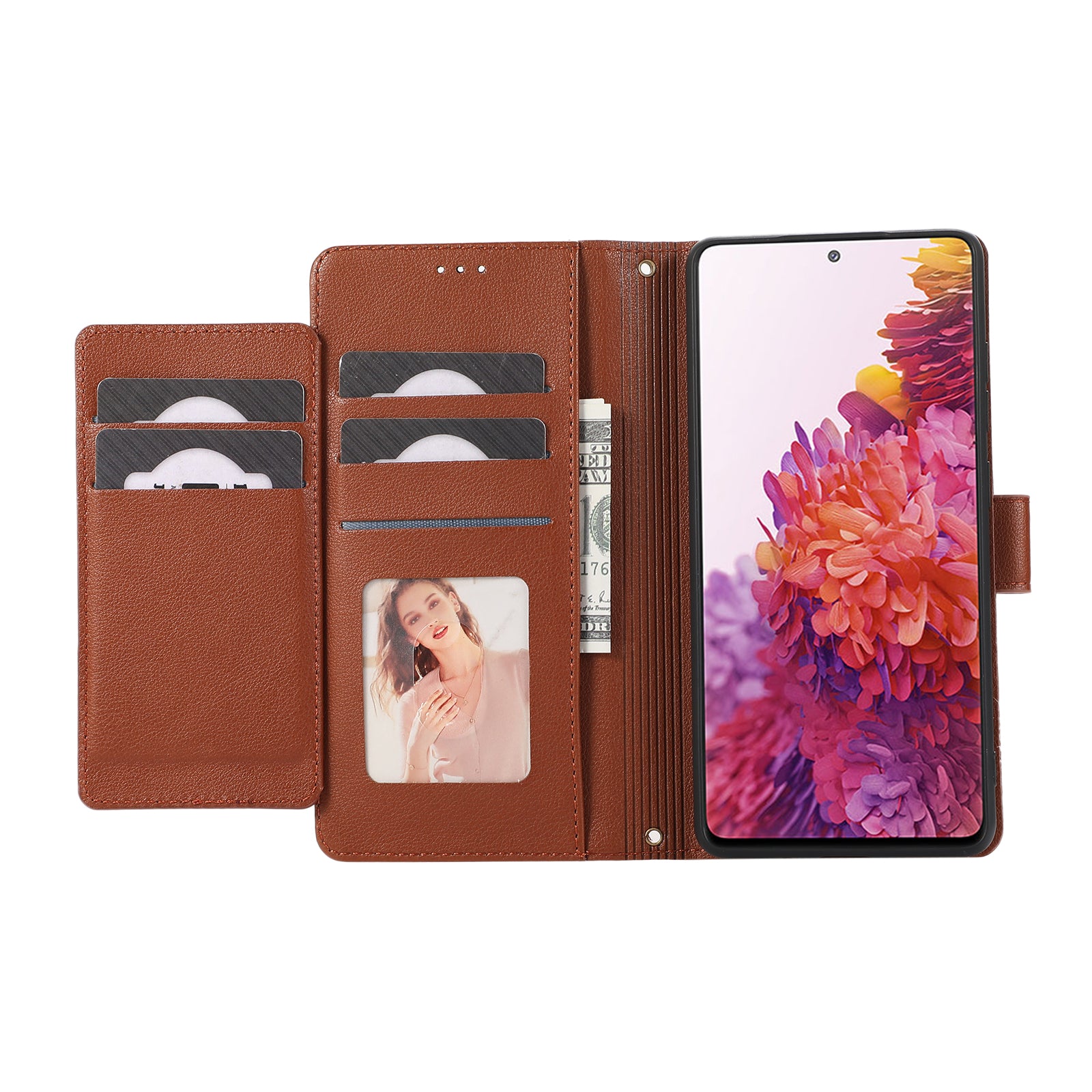 For Samsung Galaxy S20 FE 4G / S20 FE 5G / S20 Lite / S20 FE 2022 Case Leather Wallet Phone Cover with Mirror - Brown