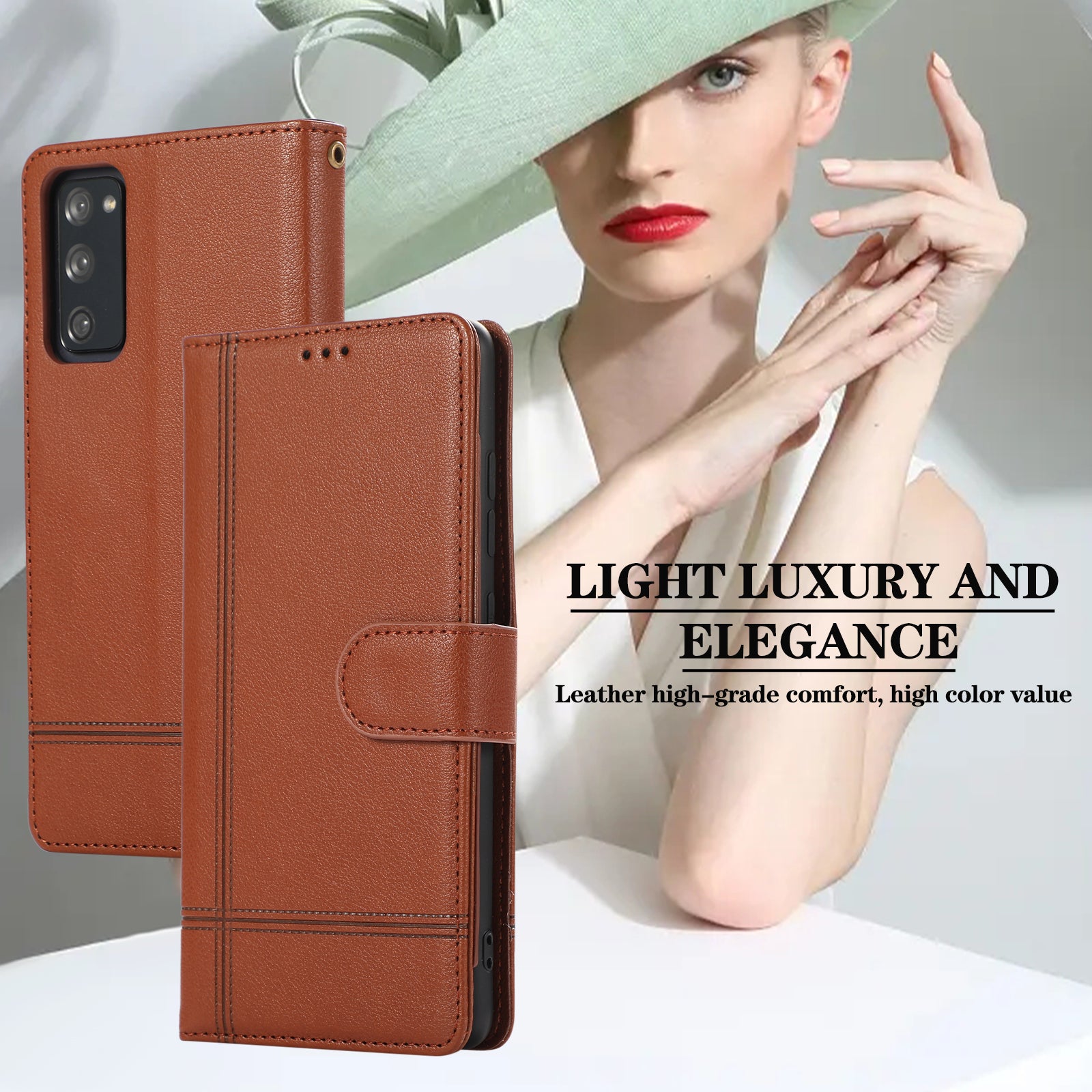 For Samsung Galaxy S20 FE 4G / S20 FE 5G / S20 Lite / S20 FE 2022 Case Leather Wallet Phone Cover with Mirror - Brown