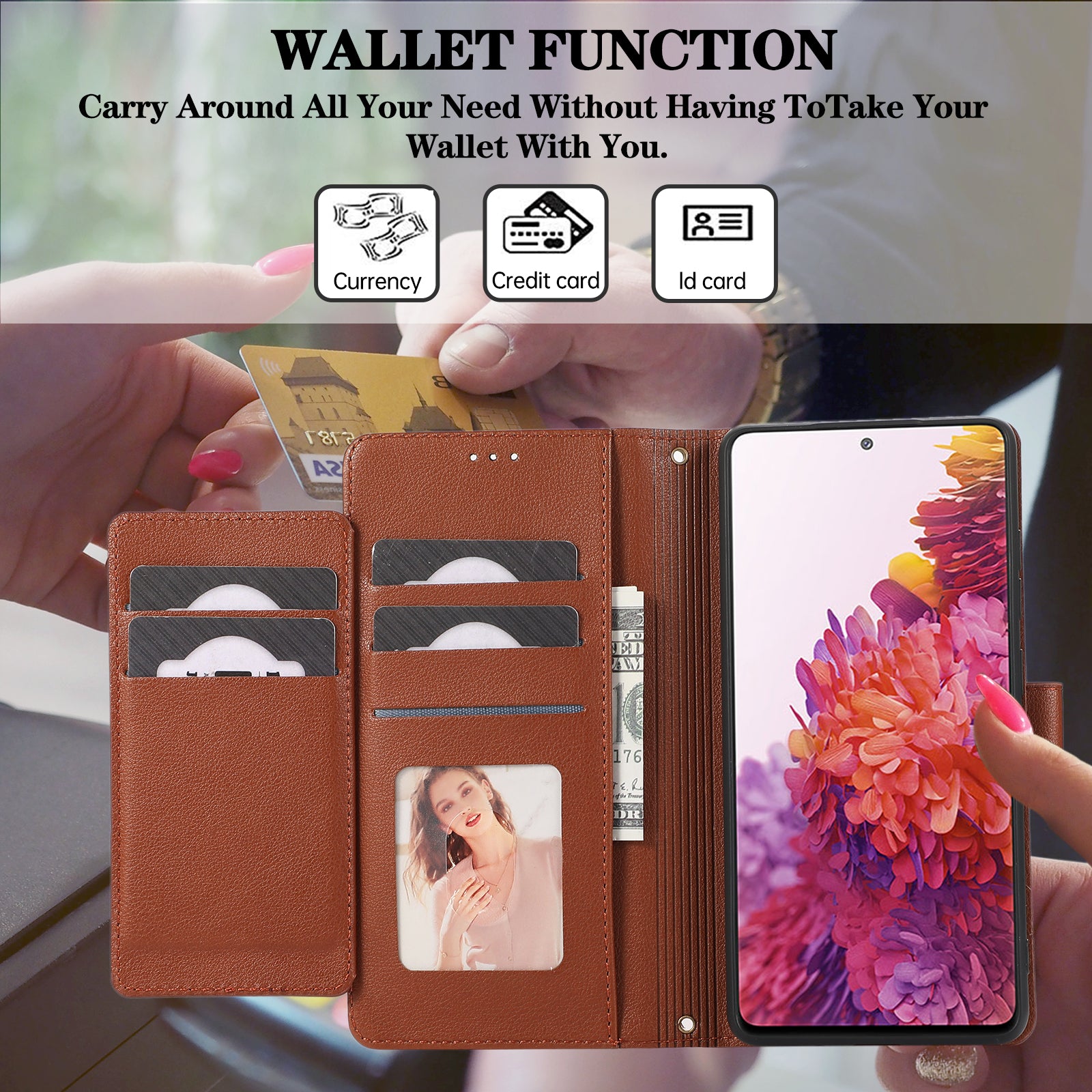 For Samsung Galaxy S20 FE 4G / S20 FE 5G / S20 Lite / S20 FE 2022 Case Leather Wallet Phone Cover with Mirror - Brown