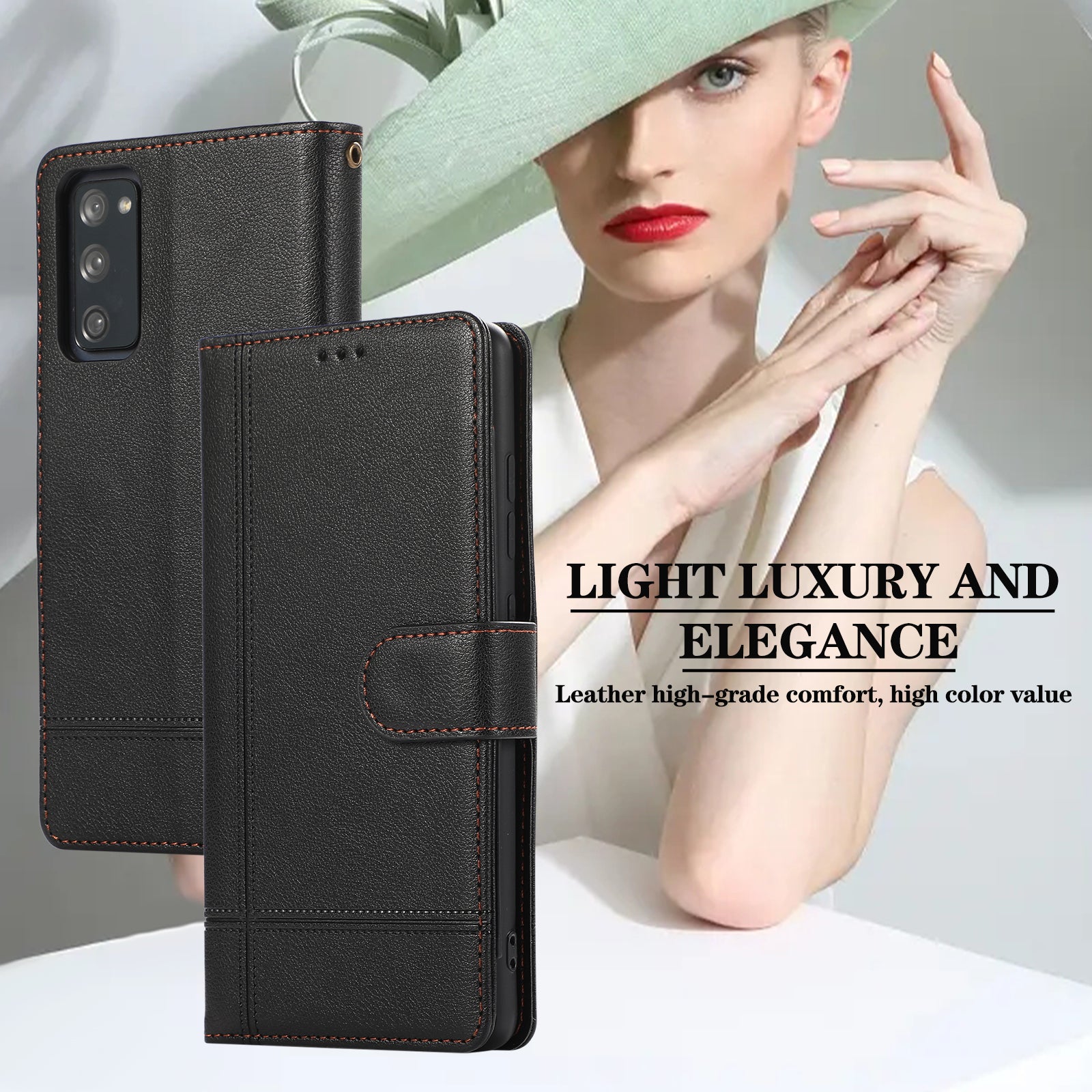 For Samsung Galaxy S20 FE 4G / S20 FE 5G / S20 Lite / S20 FE 2022 Case Leather Wallet Phone Cover with Mirror - Black