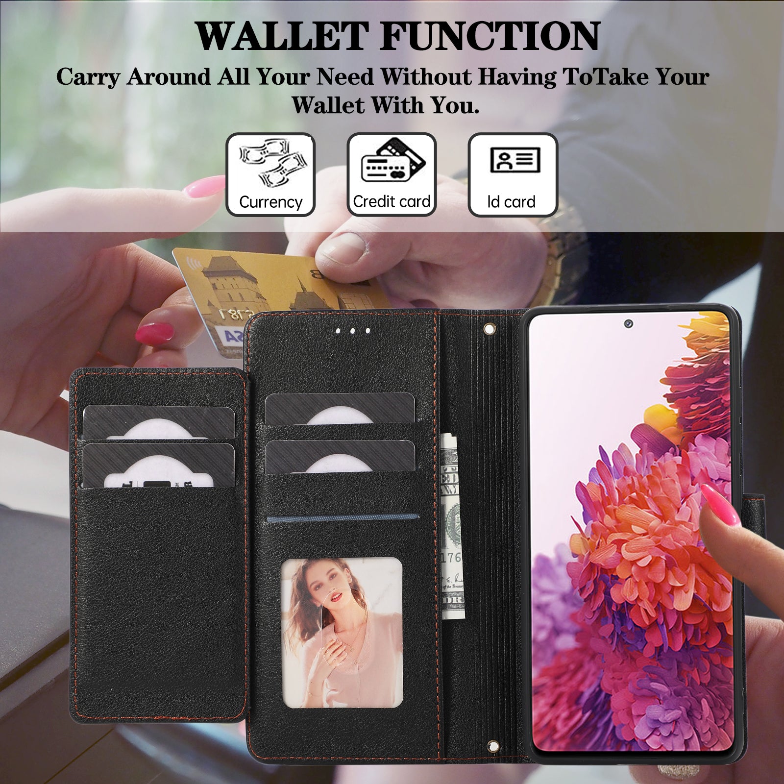 For Samsung Galaxy S20 FE 4G / S20 FE 5G / S20 Lite / S20 FE 2022 Case Leather Wallet Phone Cover with Mirror - Black