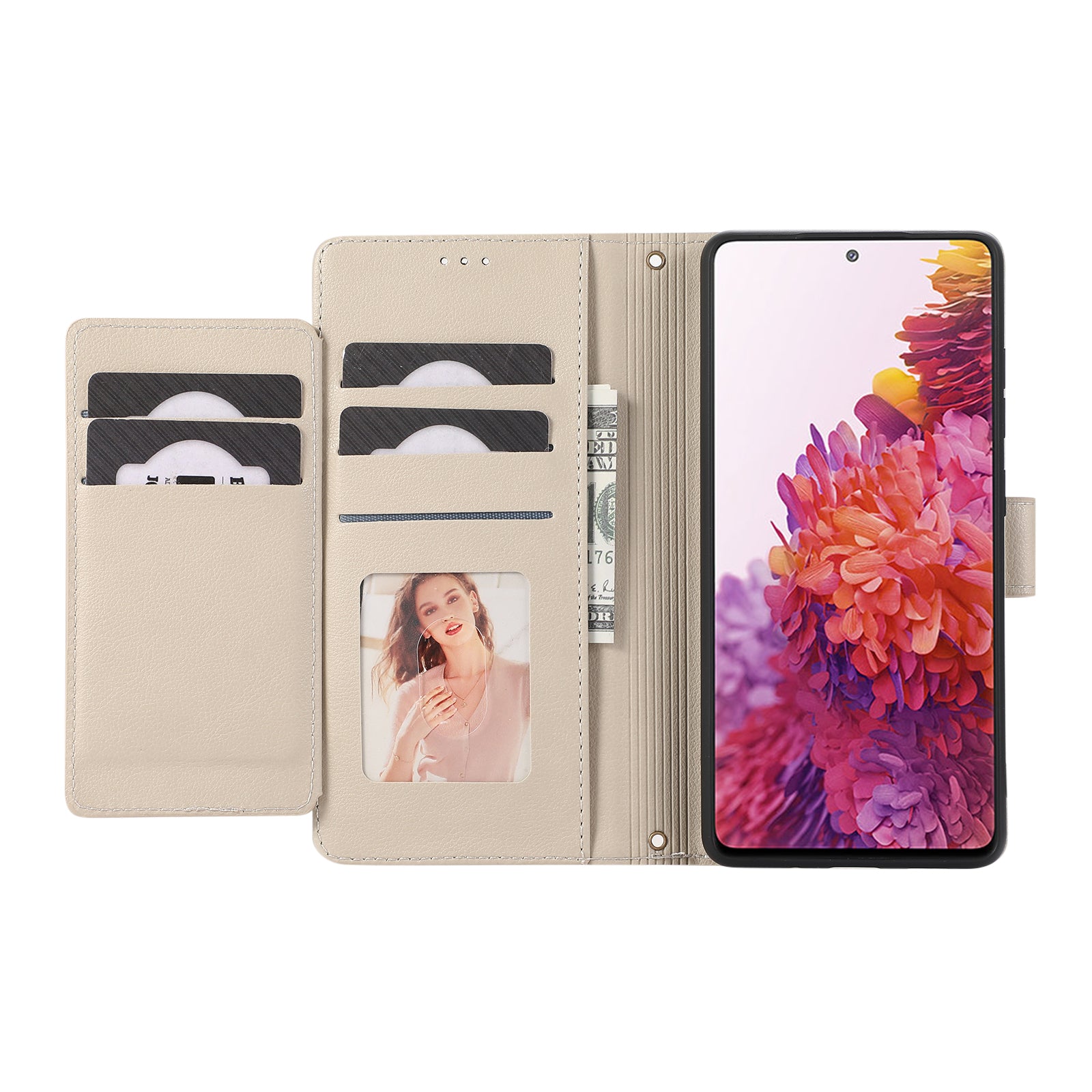 For Samsung Galaxy S20 FE 4G / S20 FE 5G / S20 Lite / S20 FE 2022 Case Leather Wallet Phone Cover with Mirror - Beige