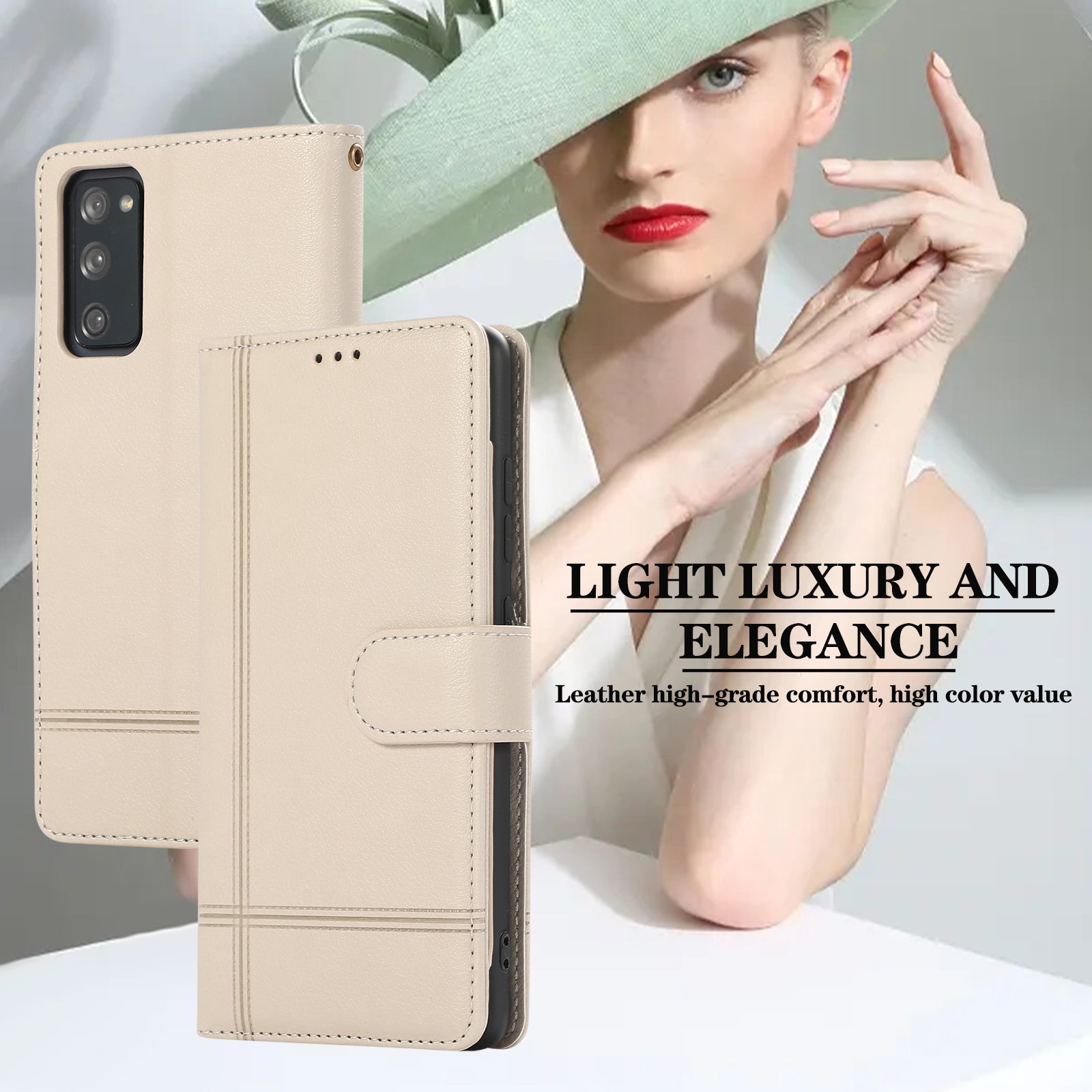 For Samsung Galaxy S20 FE 4G / S20 FE 5G / S20 Lite / S20 FE 2022 Case Leather Wallet Phone Cover with Mirror - Beige