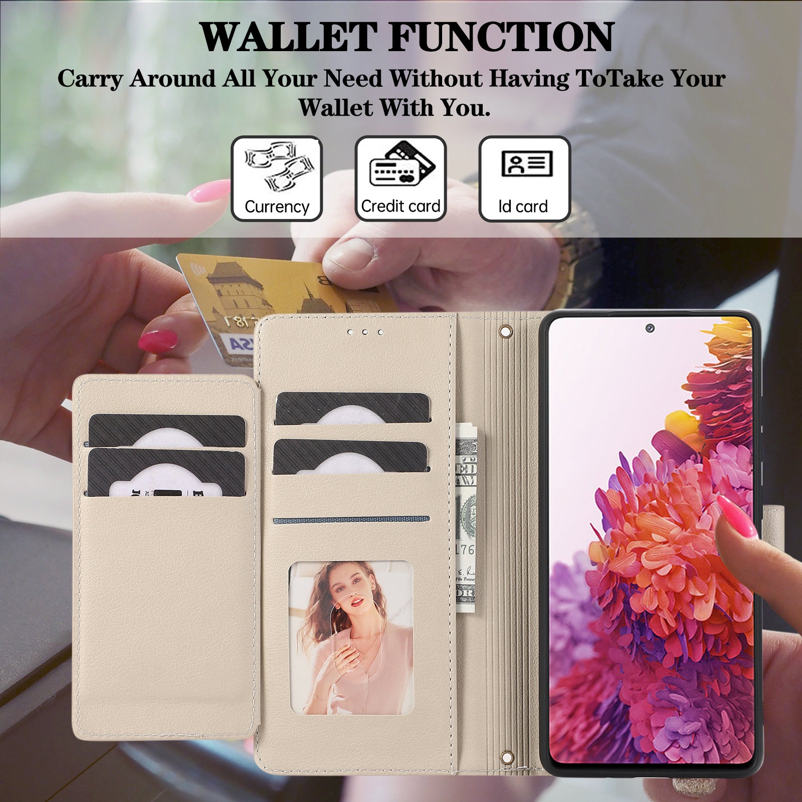 For Samsung Galaxy S20 FE 4G / S20 FE 5G / S20 Lite / S20 FE 2022 Case Leather Wallet Phone Cover with Mirror - Beige