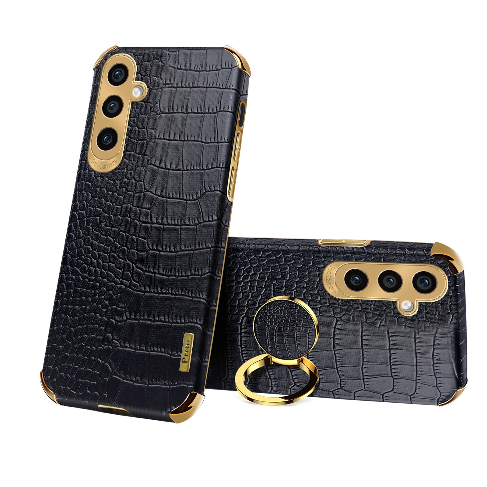 For Samsung Galaxy S24+ Cell Phone Case Crocodile Texture Leather+TPU Back Cover with Ring Kickstand - Black