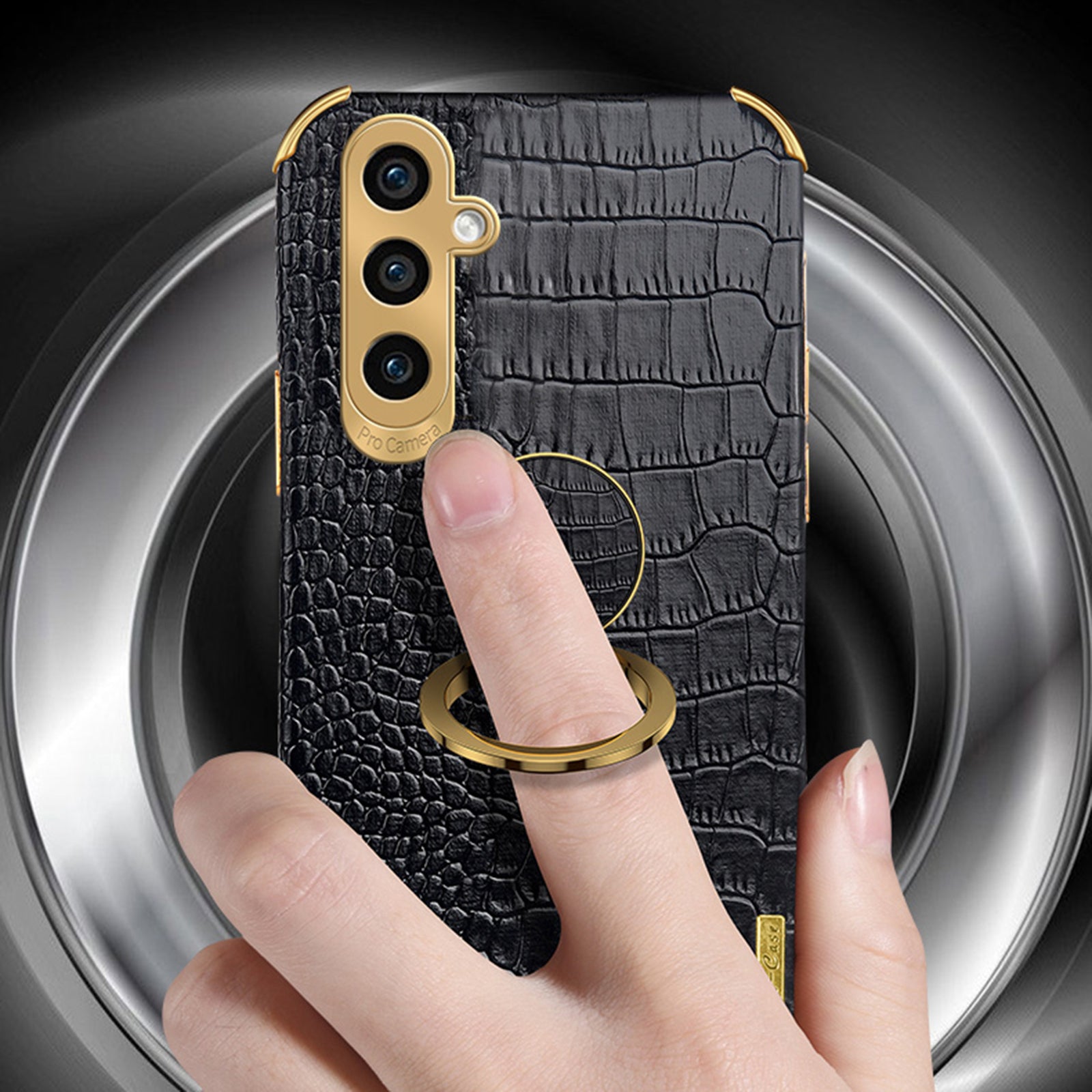 For Samsung Galaxy S24+ Cell Phone Case Crocodile Texture Leather+TPU Back Cover with Ring Kickstand - Black