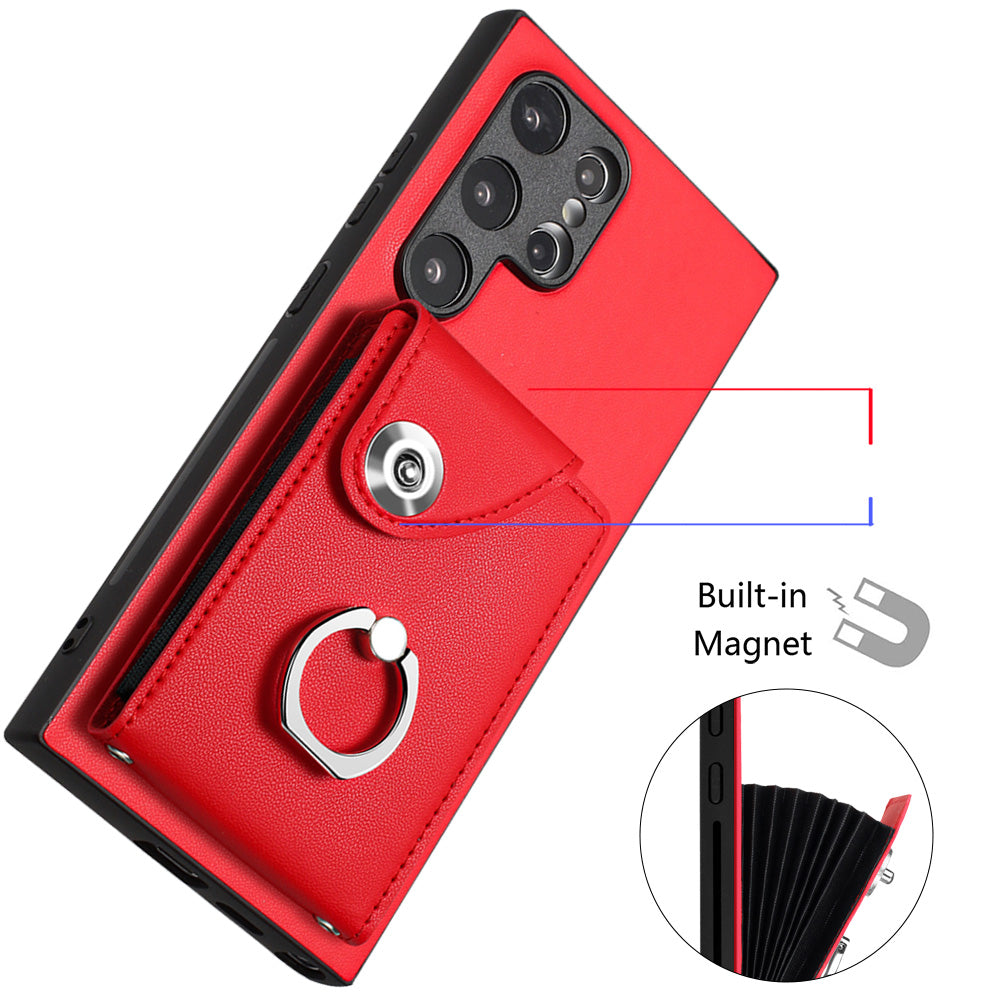 YB Leather Coating Series-7 for Samsung Galaxy S24 Ultra Magnetic Phone Case Card Holder Cover - Red