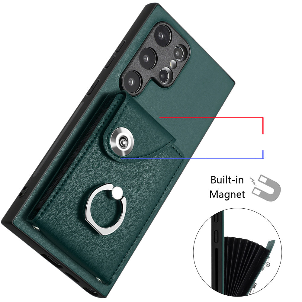 YB Leather Coating Series-7 for Samsung Galaxy S24 Ultra Magnetic Phone Case Card Holder Cover - Green