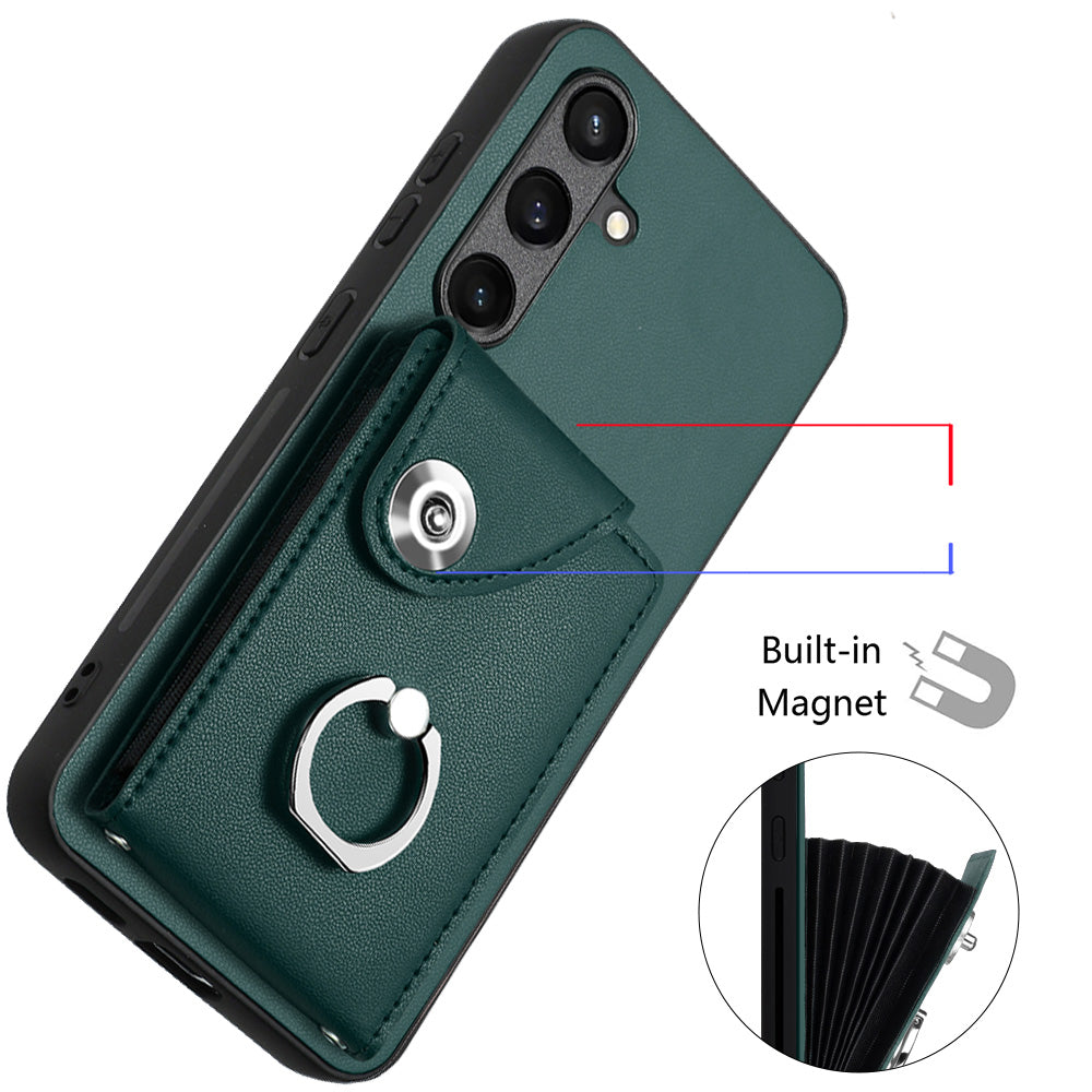 YB Leather Coating Series-7 for Samsung Galaxy S24+ Case Scratch-proof Ring Kickstand Phone Shell - Green