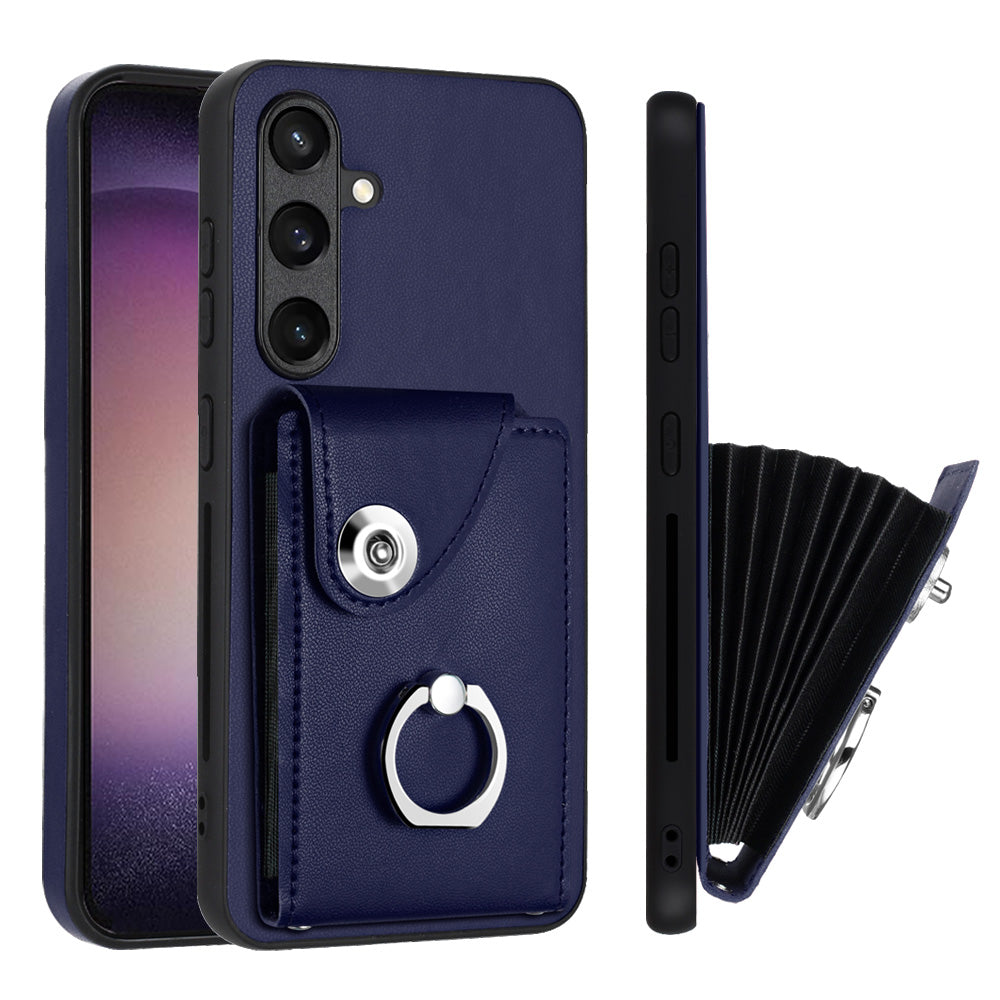 YB Leather Coating Series-7 for Samsung Galaxy S24 Case Slim-Fit Card Slots Kickstand Phone Shell - Sapphire