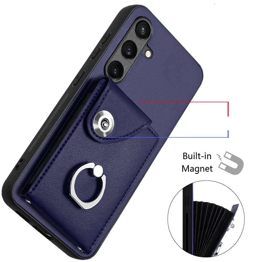 YB Leather Coating Series-7 for Samsung Galaxy S24 Case Slim-Fit Card Slots Kickstand Phone Shell - Sapphire