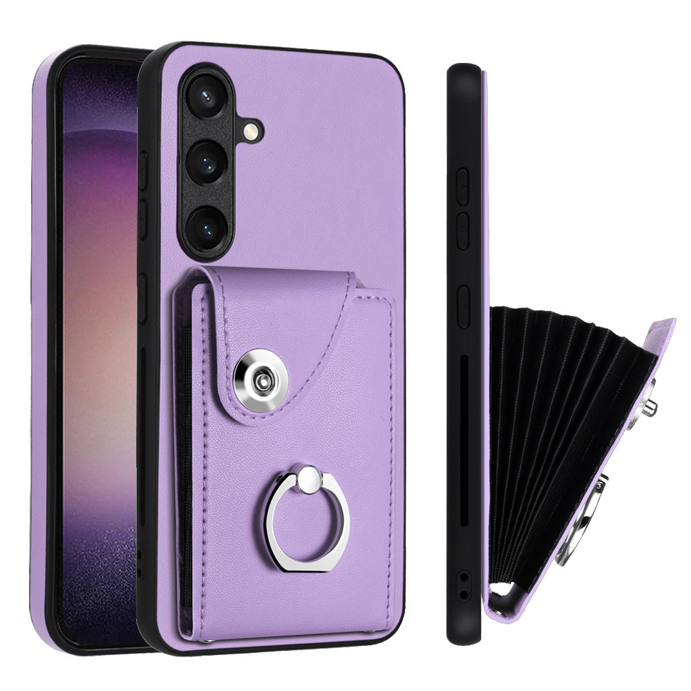 YB Leather Coating Series-7 for Samsung Galaxy S24 Case Slim-Fit Card Slots Kickstand Phone Shell - Purple