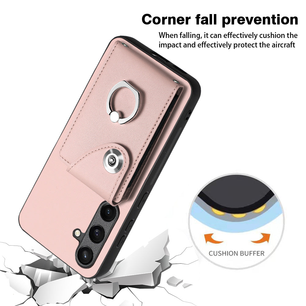 YB Leather Coating Series-7 for Samsung Galaxy S24 Case Slim-Fit Card Slots Kickstand Phone Shell - Pink