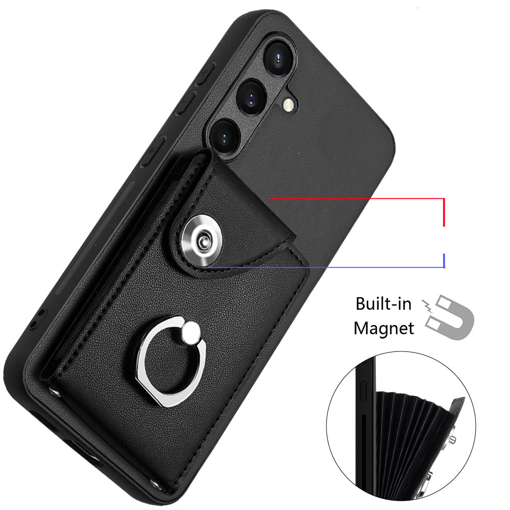 YB Leather Coating Series-7 for Samsung Galaxy S24 Case Slim-Fit Card Slots Kickstand Phone Shell - Black