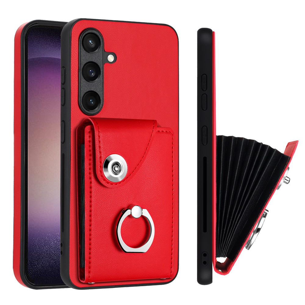 YB Leather Coating Series-7 for Samsung Galaxy S24 Case Slim-Fit Card Slots Kickstand Phone Shell - Red