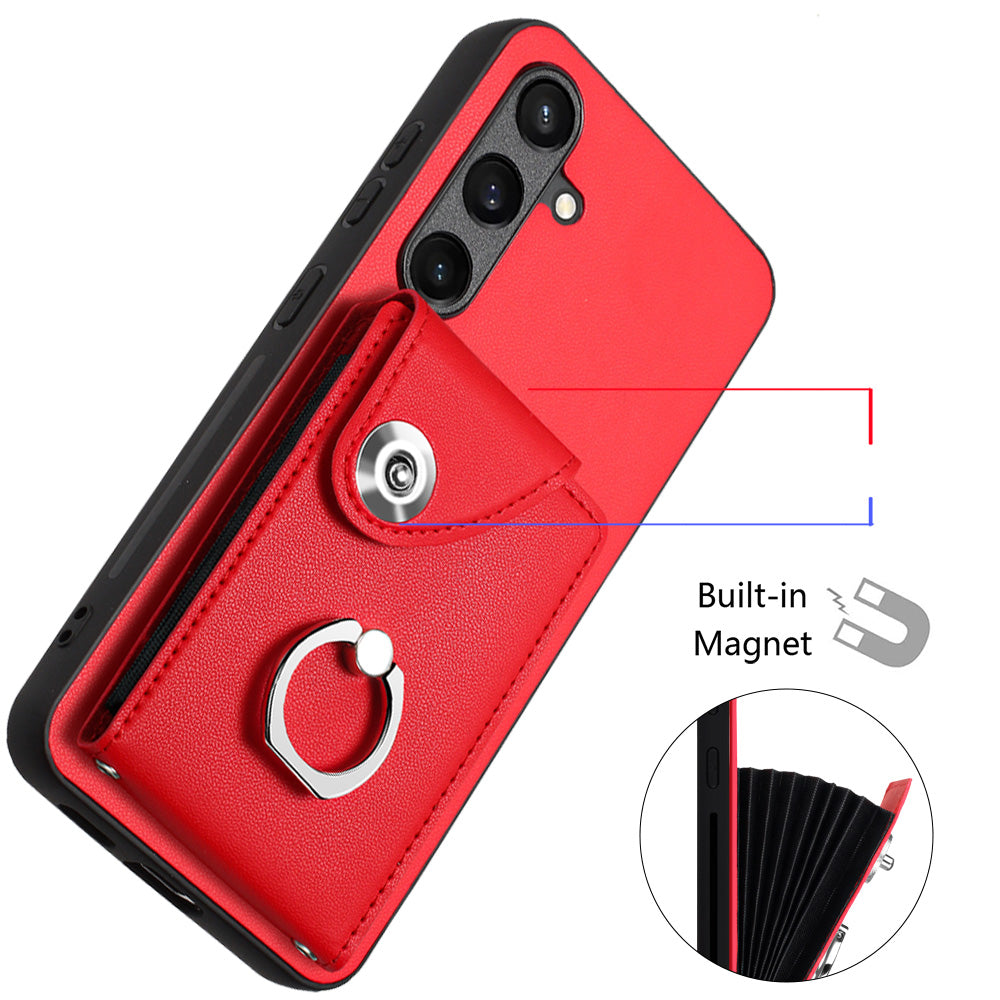 YB Leather Coating Series-7 for Samsung Galaxy S24 Case Slim-Fit Card Slots Kickstand Phone Shell - Red