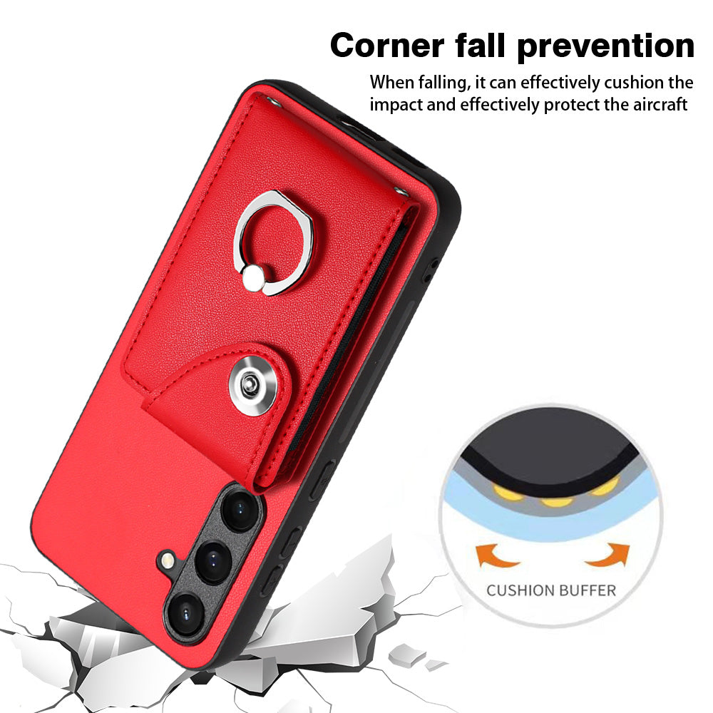 YB Leather Coating Series-7 for Samsung Galaxy S24 Case Slim-Fit Card Slots Kickstand Phone Shell - Red