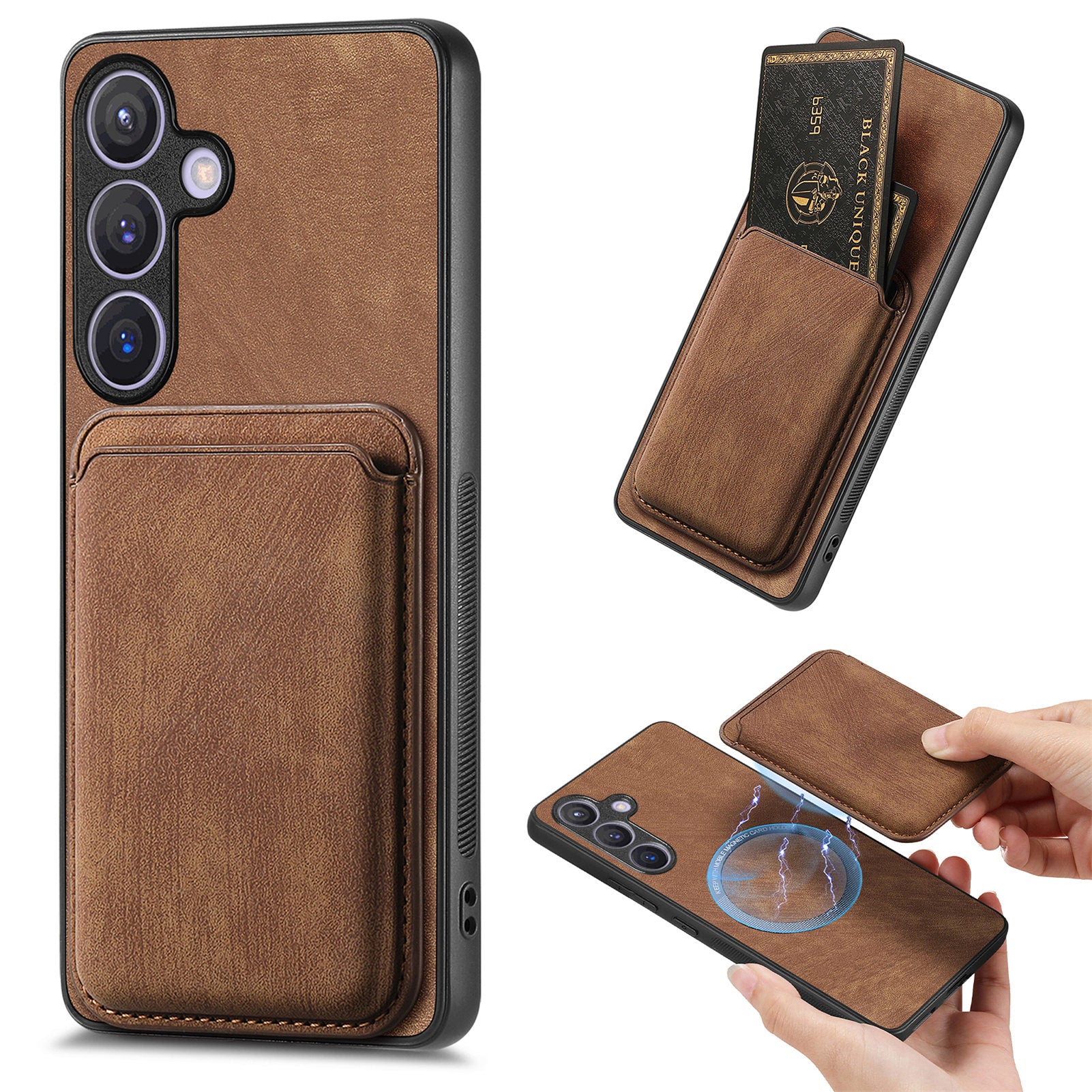 D12 For Samsung Galaxy S24 Bump Proof Phone Cover with Detachable Magnetic Card Case - Brown