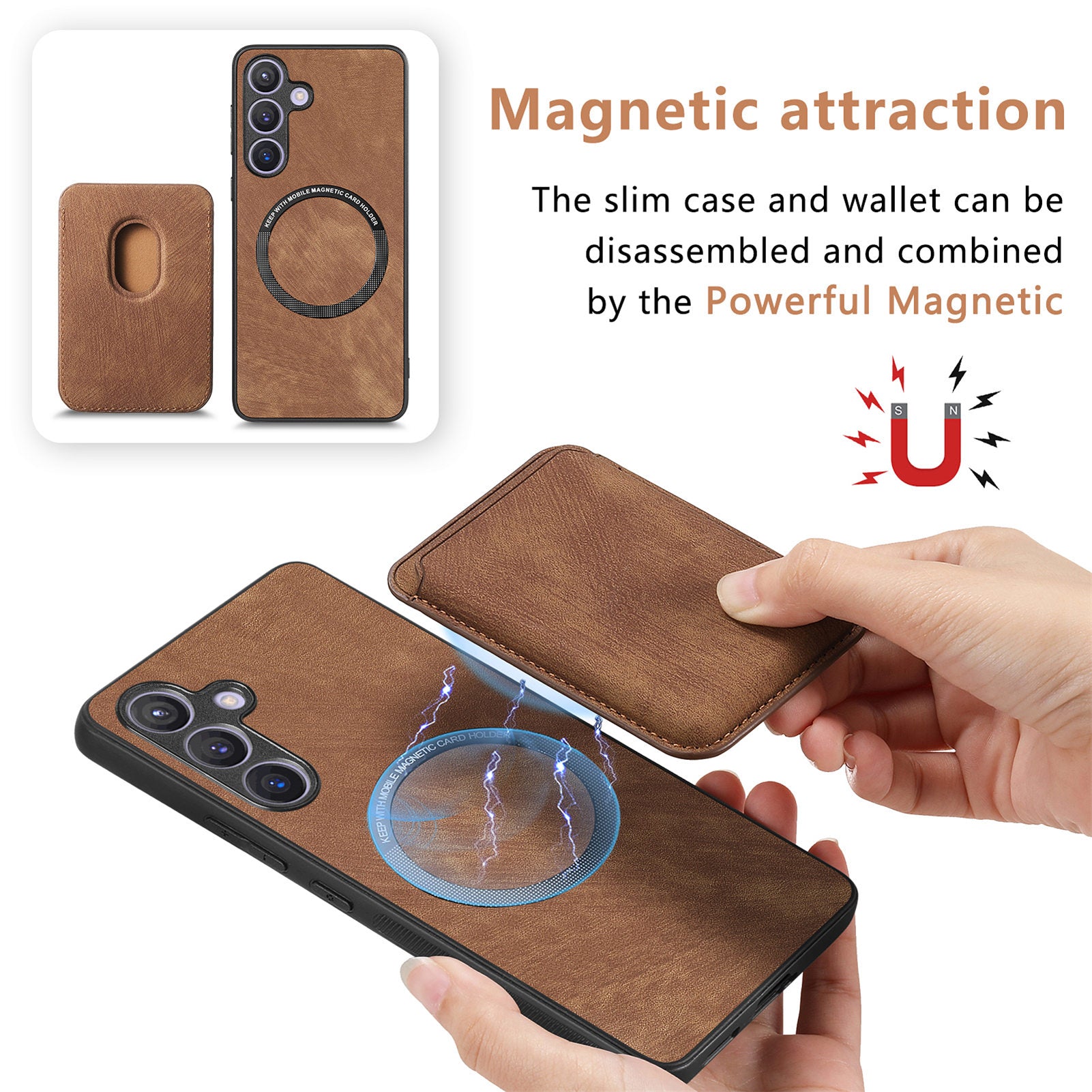 D12 For Samsung Galaxy S24 Bump Proof Phone Cover with Detachable Magnetic Card Case - Brown