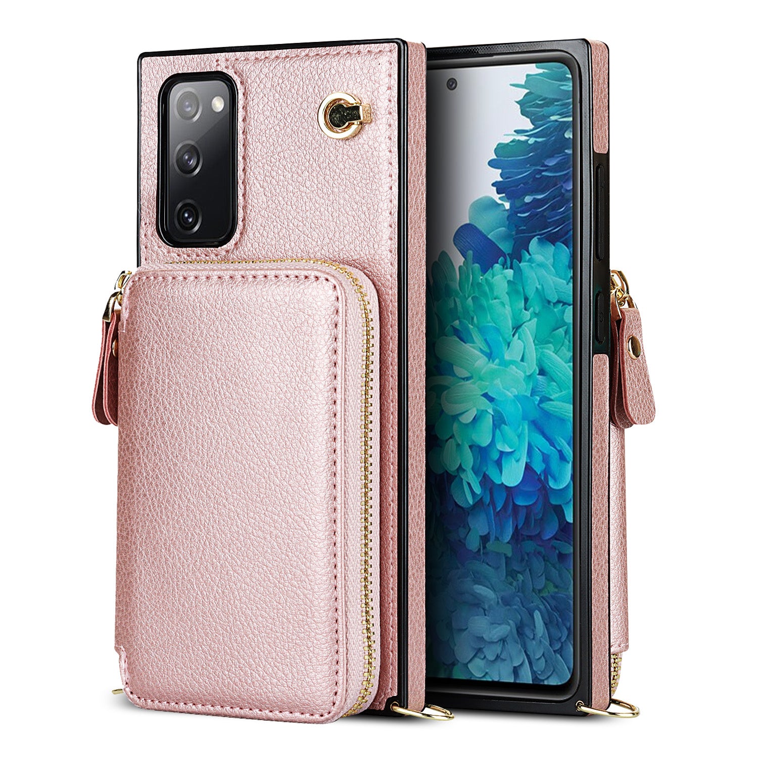 For Samsung Galaxy S20 FE 4G / S20 FE 5G / S20 Lite / S20 FE 2022 Case Zipper Wallet TPU+PU Crossbody Phone Cover - Rose Gold