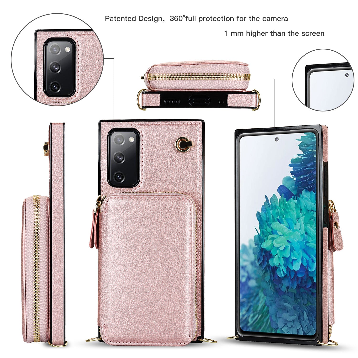 For Samsung Galaxy S20 FE 4G / S20 FE 5G / S20 Lite / S20 FE 2022 Case Zipper Wallet TPU+PU Crossbody Phone Cover - Rose Gold