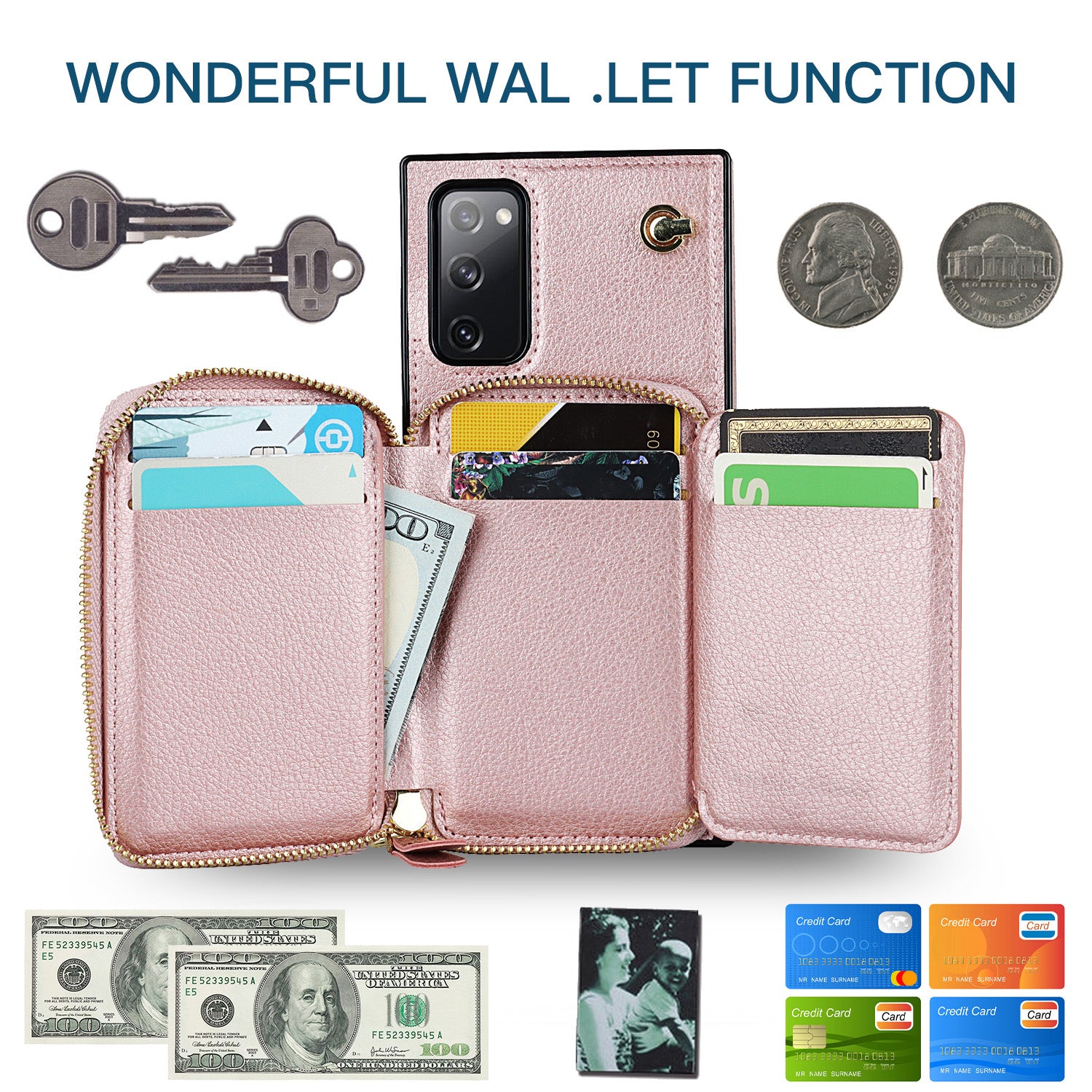 For Samsung Galaxy S20 FE 4G / S20 FE 5G / S20 Lite / S20 FE 2022 Case Zipper Wallet TPU+PU Crossbody Phone Cover - Rose Gold