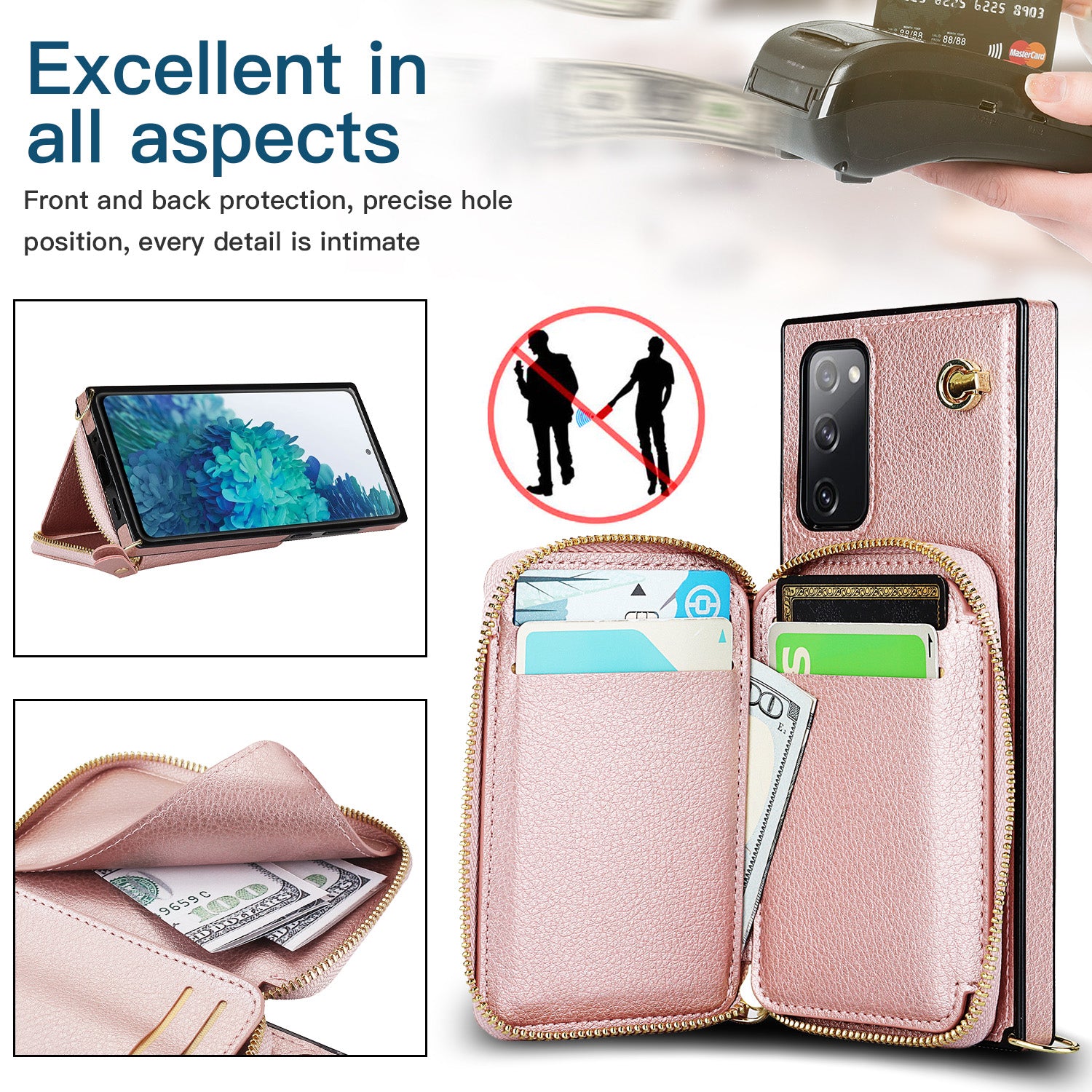 For Samsung Galaxy S20 FE 4G / S20 FE 5G / S20 Lite / S20 FE 2022 Case Zipper Wallet TPU+PU Crossbody Phone Cover - Rose Gold