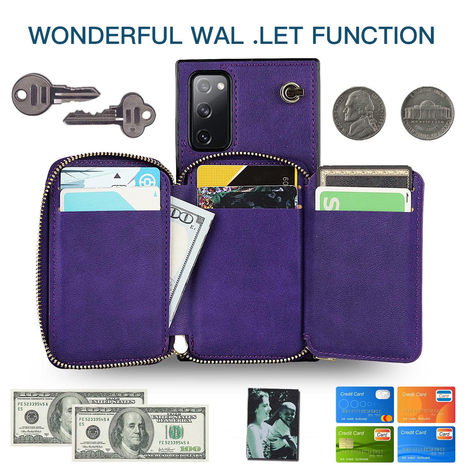 For Samsung Galaxy S20 FE 4G / S20 FE 5G / S20 Lite / S20 FE 2022 Case Zipper Wallet TPU+PU Crossbody Phone Cover - Purple