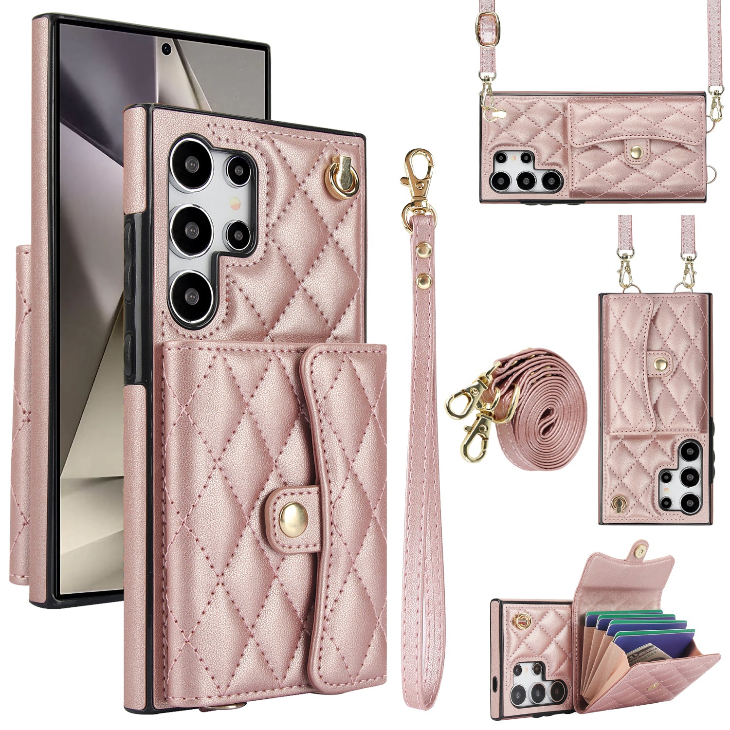 026 For Samsung Galaxy S24 Ultra Card Slots Phone Case Kickstand Leather+TPU Cover - Rose Gold