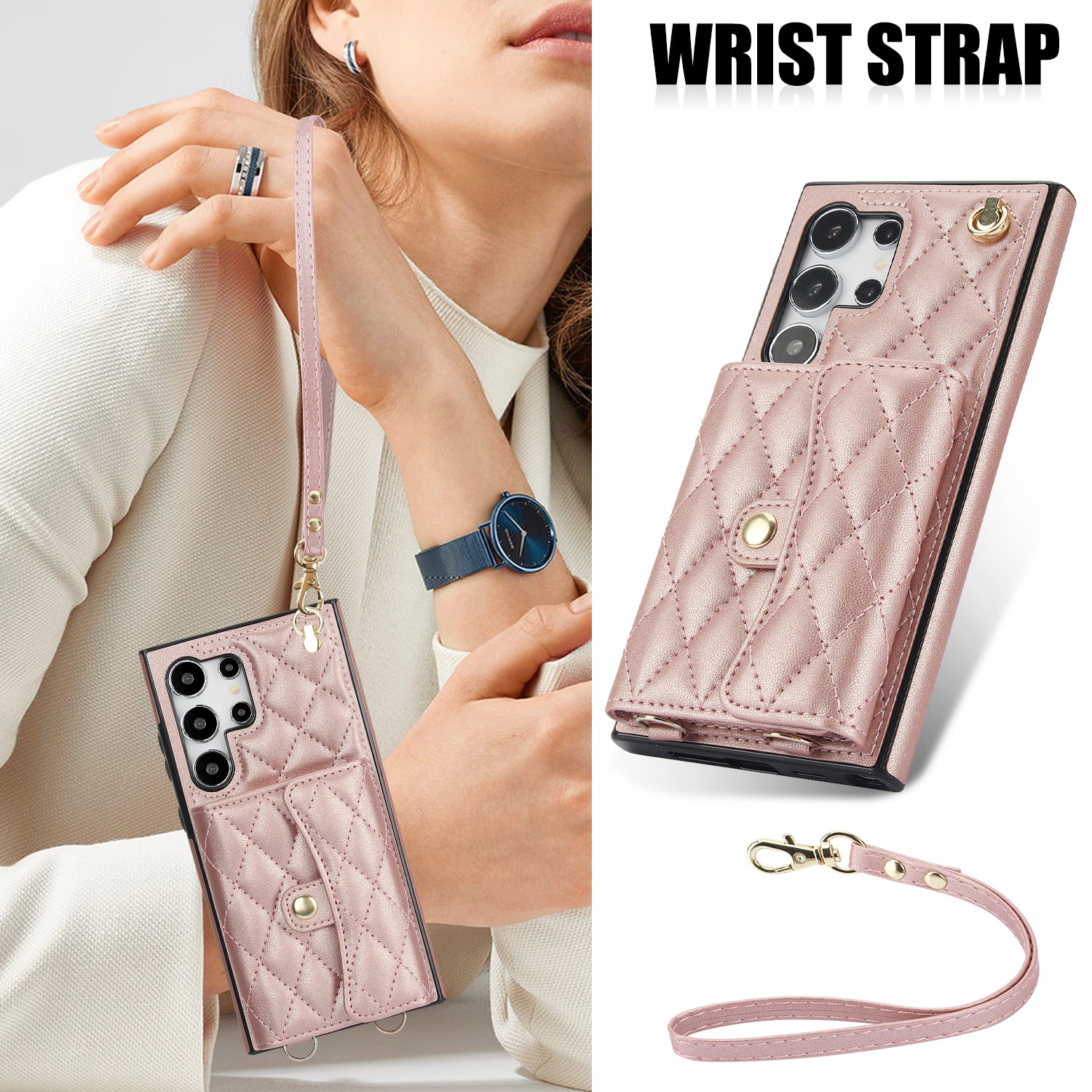 026 For Samsung Galaxy S24 Ultra Card Slots Phone Case Kickstand Leather+TPU Cover - Rose Gold