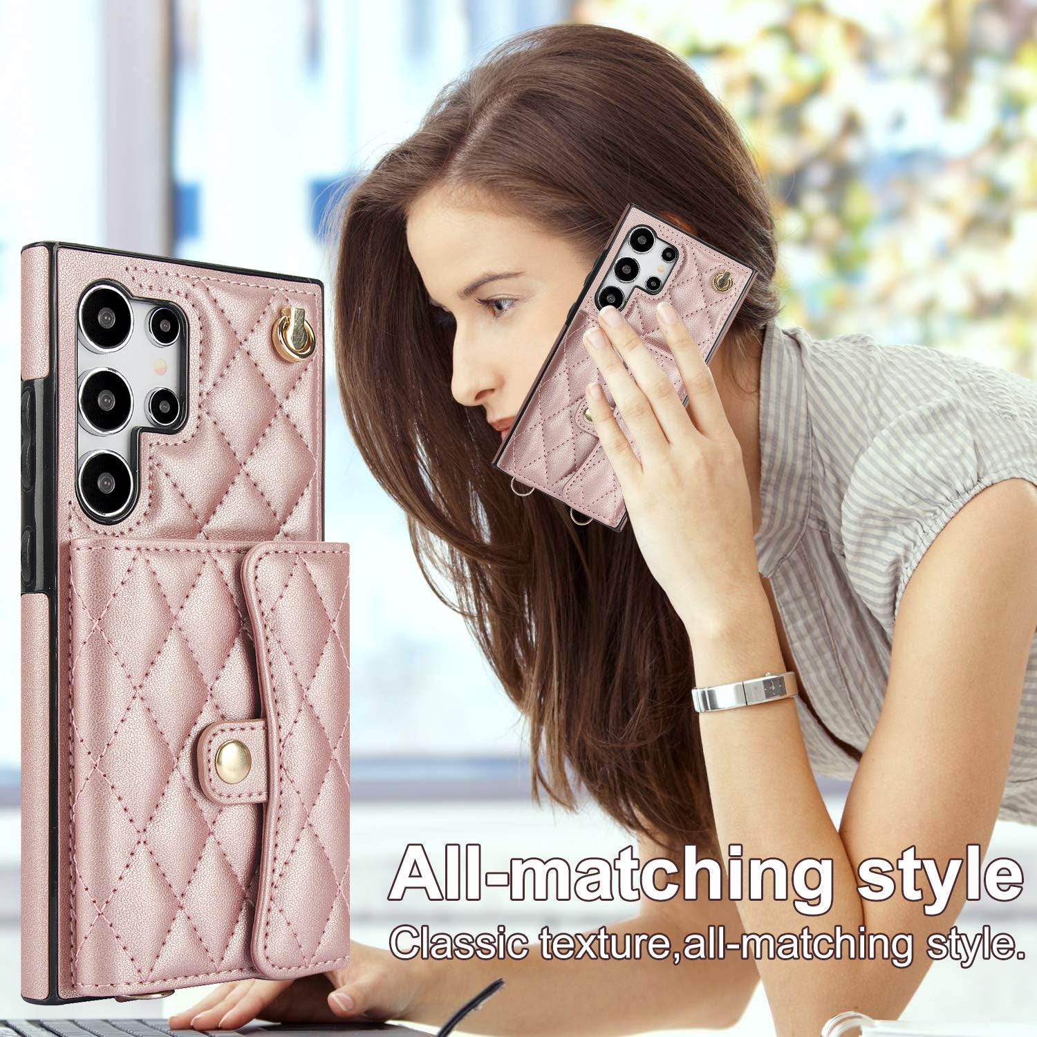 026 For Samsung Galaxy S24 Ultra Card Slots Phone Case Kickstand Leather+TPU Cover - Rose Gold