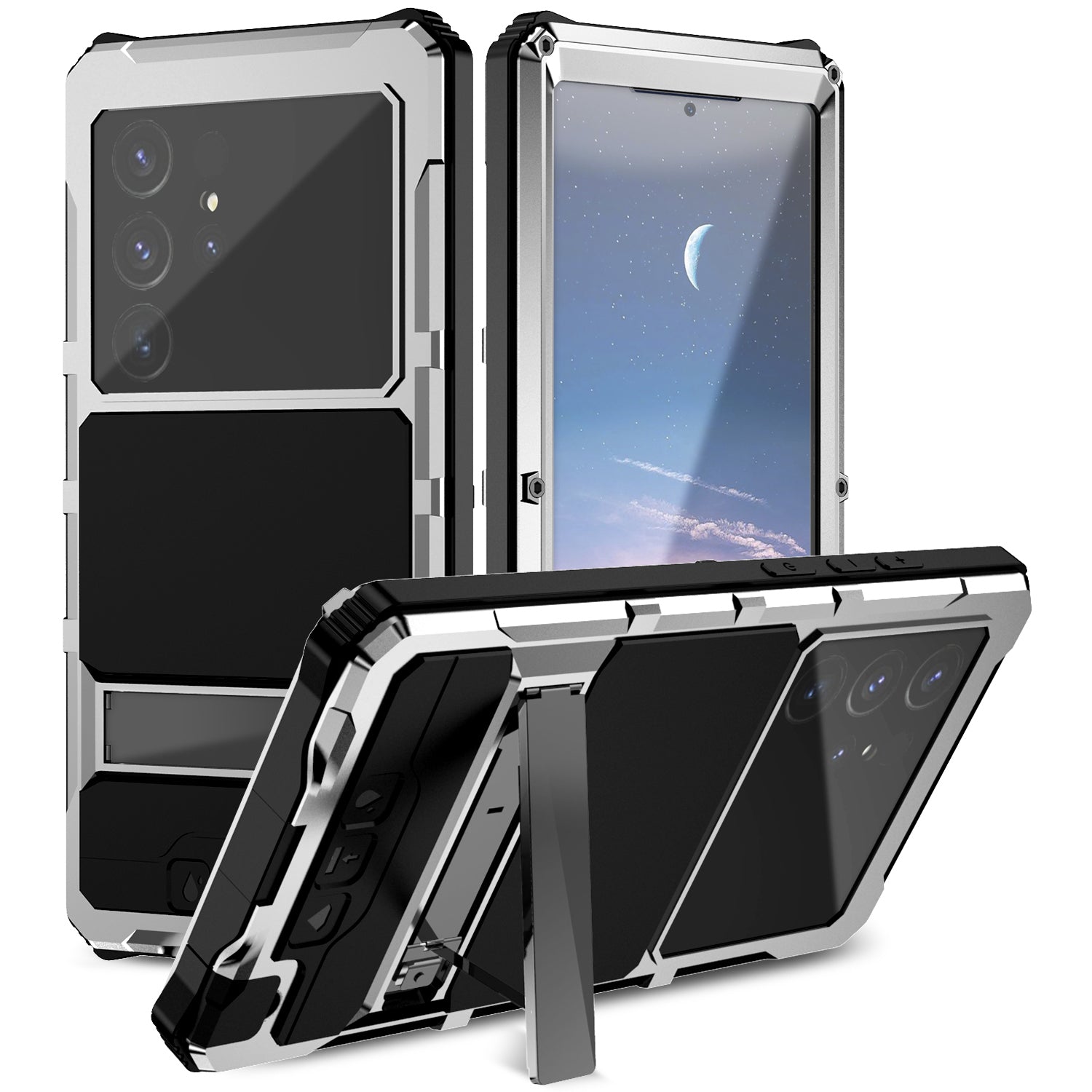 R-JUST For Samsung Galaxy S24 Ultra Shockproof Case Kickstand Drop-proof Cover Tempered Glass Film - Silver