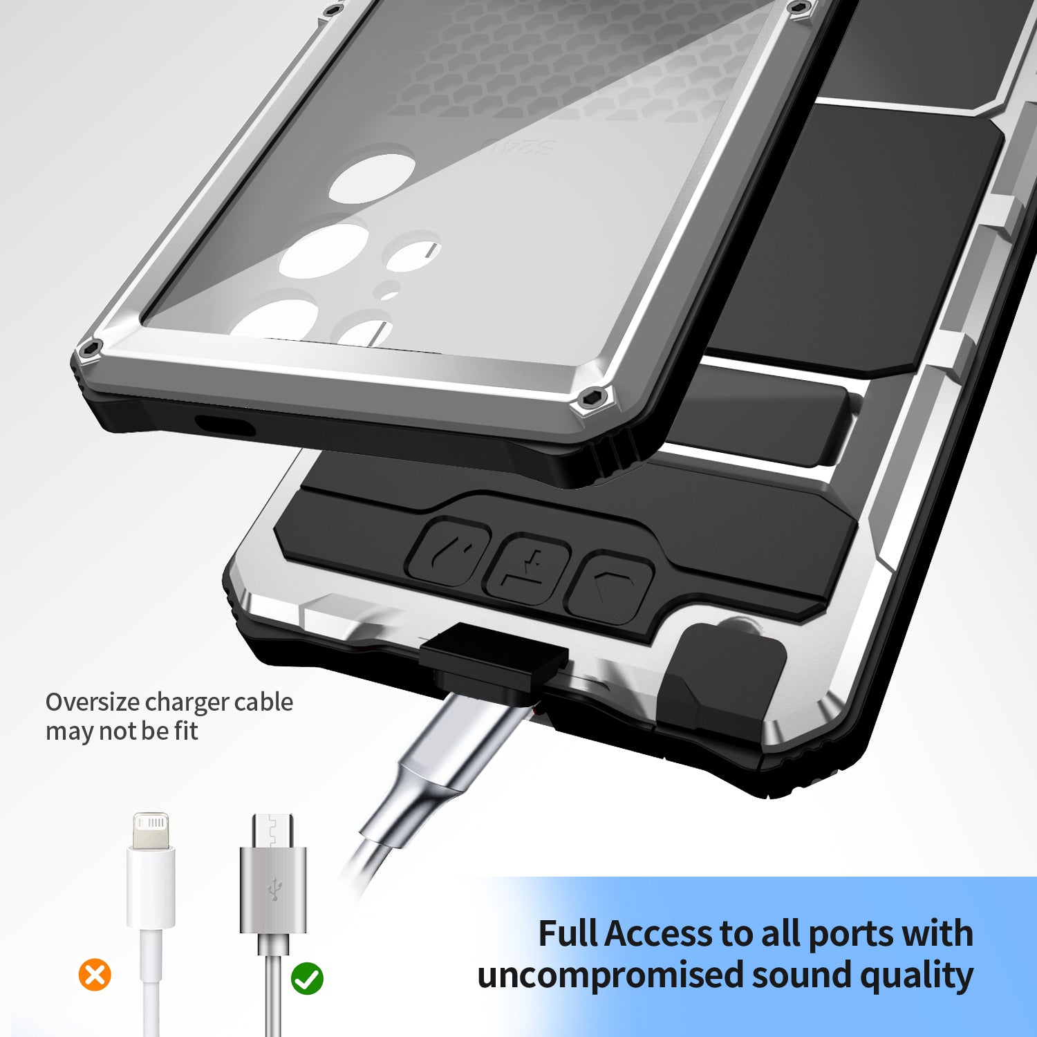 R-JUST For Samsung Galaxy S24 Ultra Shockproof Case Kickstand Drop-proof Cover Tempered Glass Film - Silver