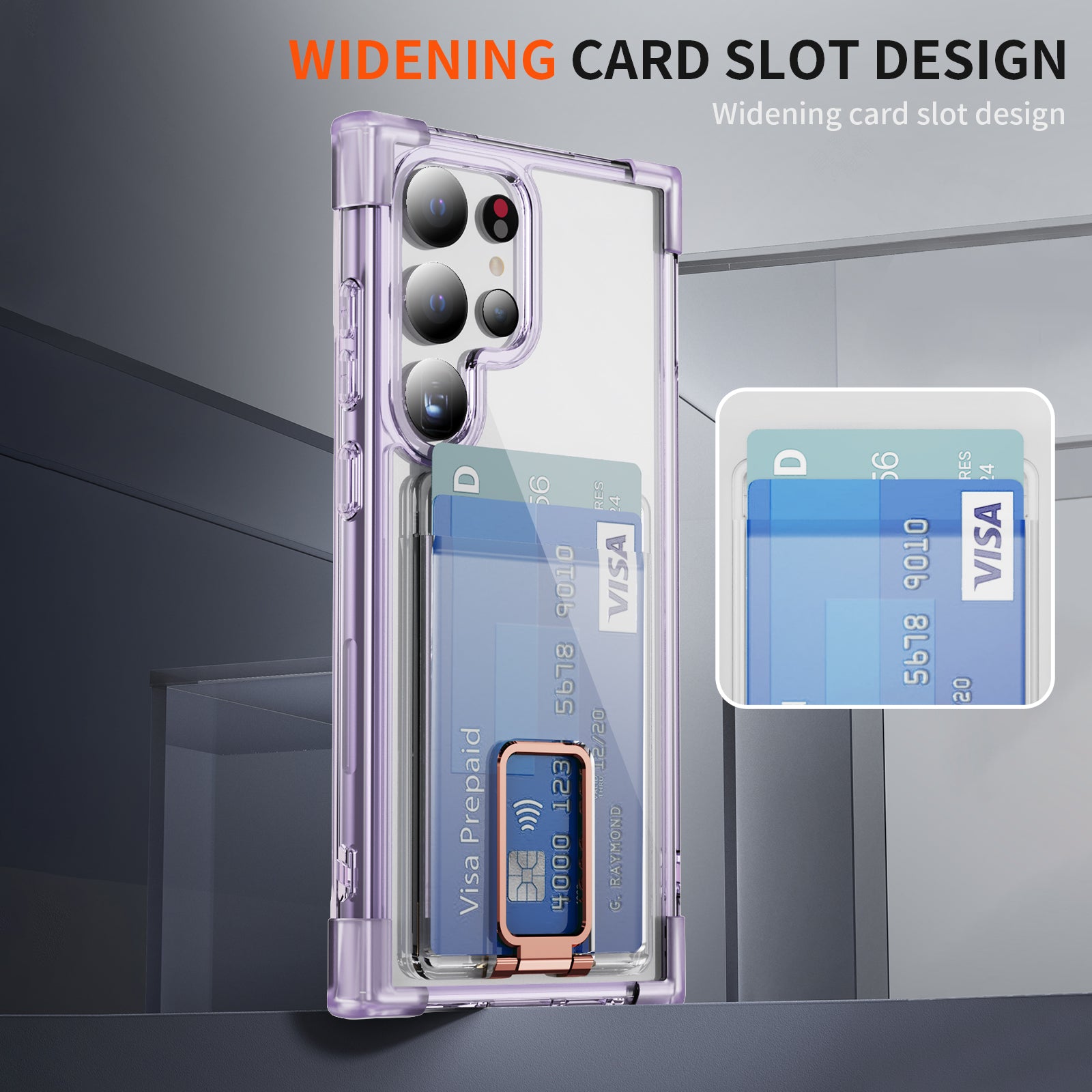 YSM Reinforced Corners Series for Samsung Galaxy S24 Ultra Kickstand Phone Case Card Holder - Transparent Purple