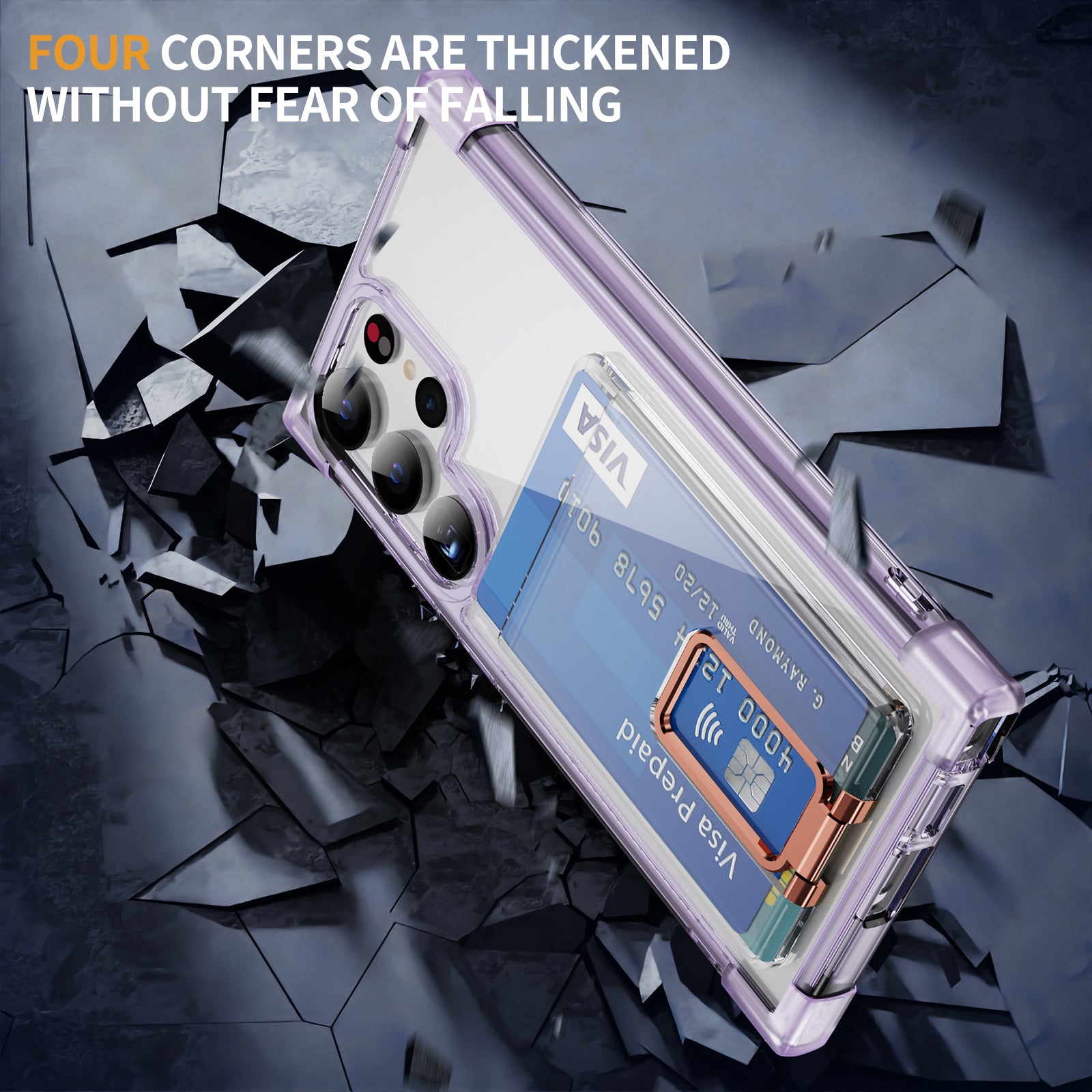 YSM Reinforced Corners Series for Samsung Galaxy S24 Ultra Kickstand Phone Case Card Holder - Transparent Purple