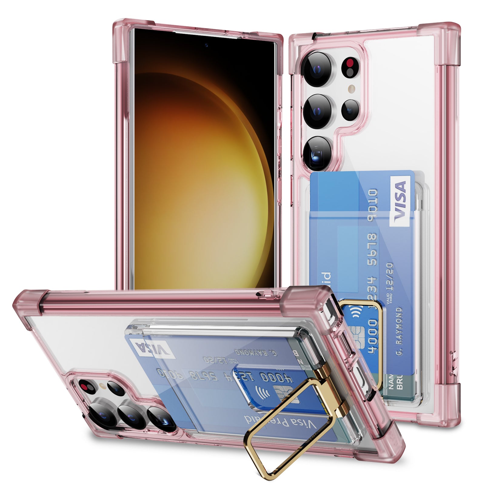 YSM Reinforced Corners Series for Samsung Galaxy S24 Ultra Kickstand Phone Case Card Holder - Transparent Pink