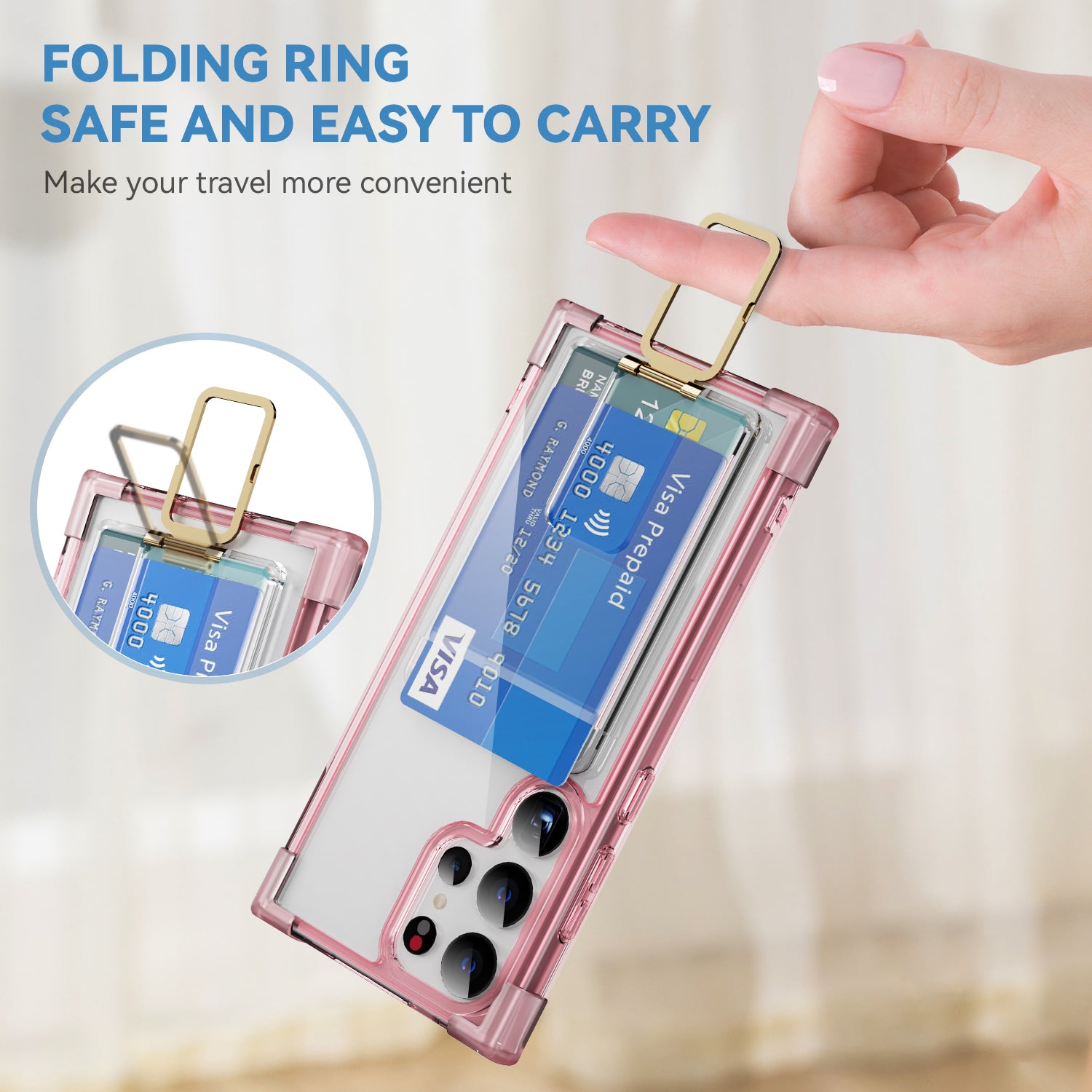 YSM Reinforced Corners Series for Samsung Galaxy S24 Ultra Kickstand Phone Case Card Holder - Transparent Pink