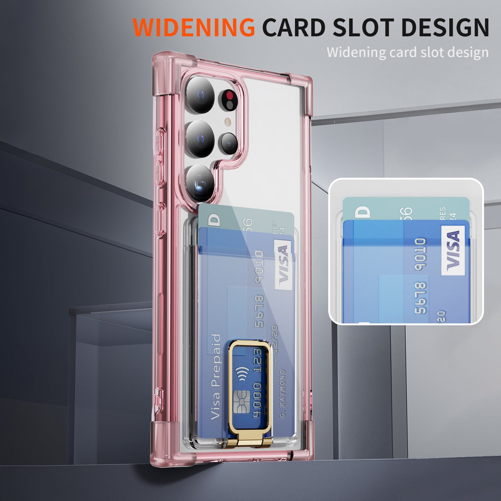 YSM Reinforced Corners Series for Samsung Galaxy S24 Ultra Kickstand Phone Case Card Holder - Transparent Pink